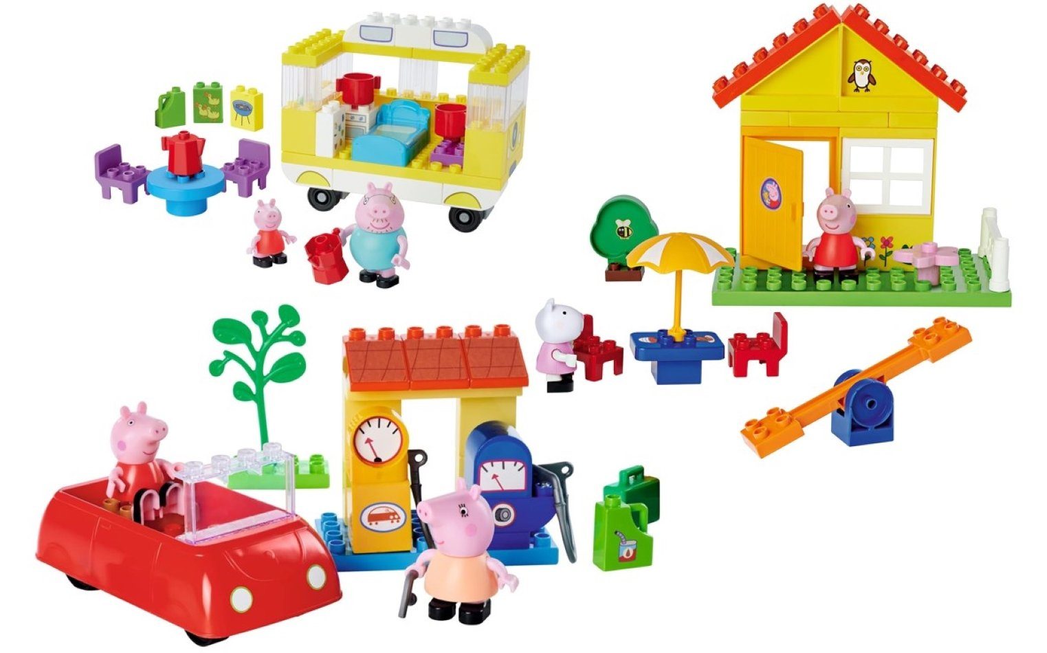 BIG Lernspielzeug Bloxx Peppa Pig Spielset mit Camper, Gartenhaus, Auto, sowie Zubehör (3 in 1 - 3 Peppa Pig Themenboxen in 1 Set), Peppa Pig und Klemmbausteine