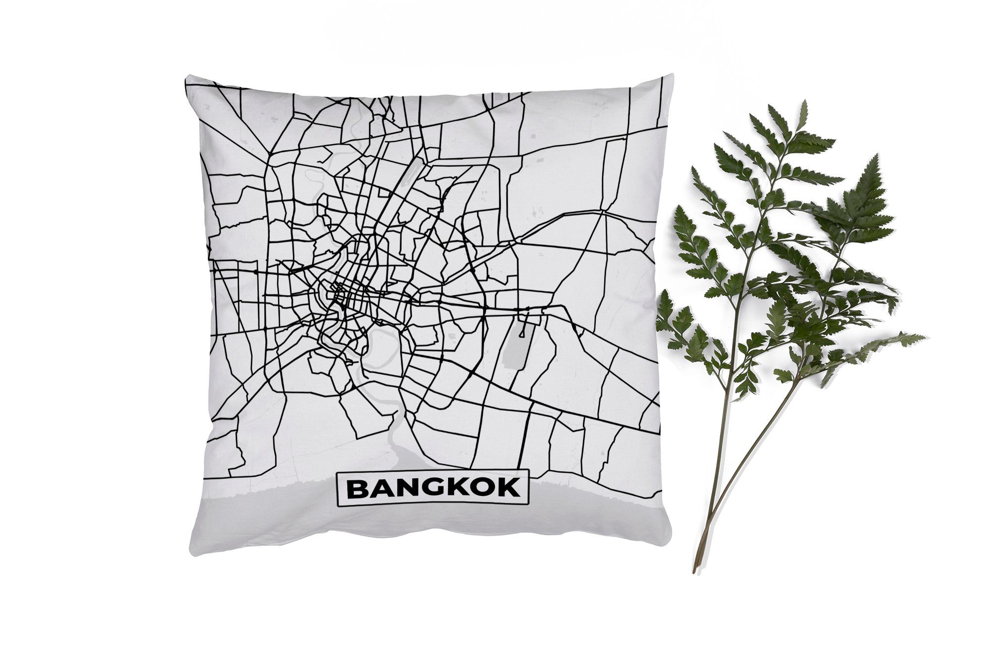 MuchoWow Dekokissen Bangkok - Stadtplan - Schwarz und weiß - Karte, Zierkissen mit Füllung für Wohzimmer, Schlafzimmer, Deko, Sofakissen