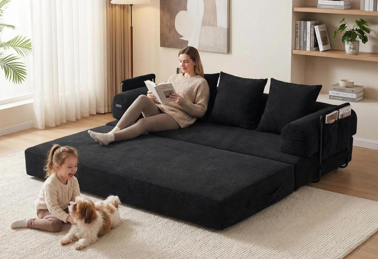LVHOM Loungesofa faltbar mit Schlaffunktion, Stabil-/abnehmbarer Außenrahmen aus Metall, frei kombinierbar, Liege- oder Klappsofa, 3 Kissen, Hochelastischer Schaumstoff, weicher Cordstoff, Praktische Seitentaschen zur Aufbewahrung, Ideal für flexible Raumgestaltung in Wohn- oder Kleinwohnungen, Tragfähigkeit 300kg, als Gästebett nutzbar,Arbeitszimmer/Wohnzimmer