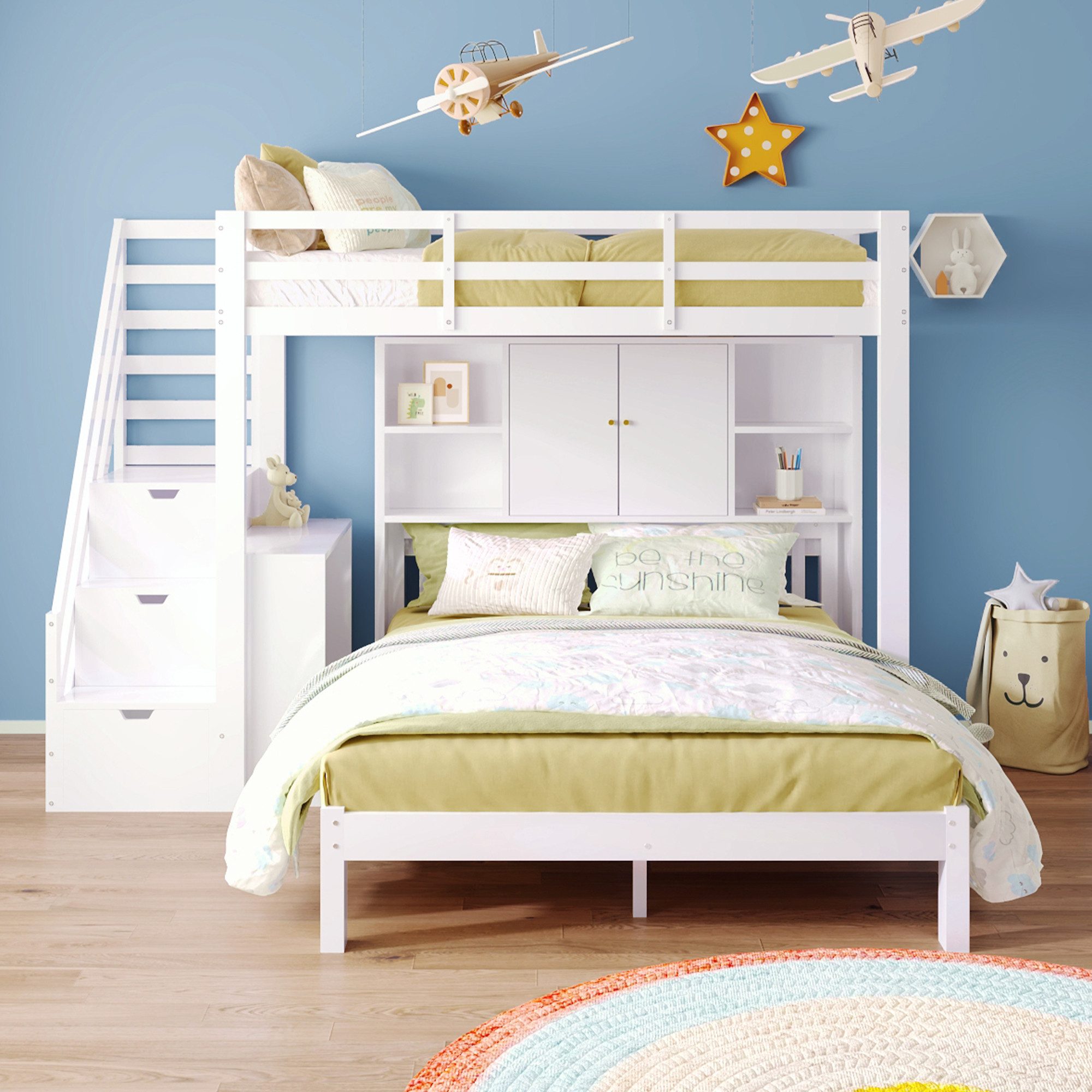 Flieks Etagenbett, Kinderbett 90x200cm+140x200cm mit Stauraumtreppe, günstig online kaufen