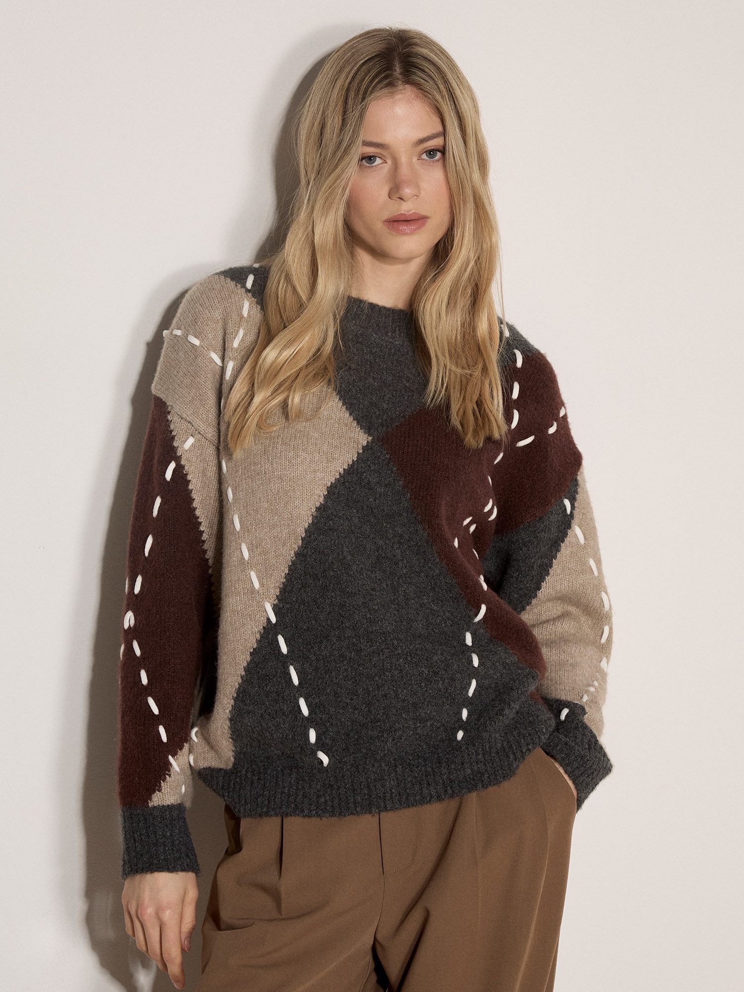 Apricot Strickpullover Farbiger Pullover mit Argyle-Rautenmuster
