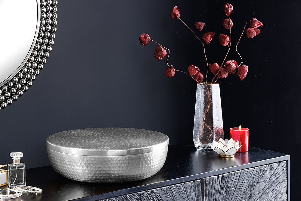 riess-ambiente Dekoschale ORIENT Ø40cm silber · Schmuck-Dose mit Deckel aus Aluminium (Einzelartikel, 1 St), rund · Hammerschlag-Design · handmade · Esszimmer · Wohnzimmer