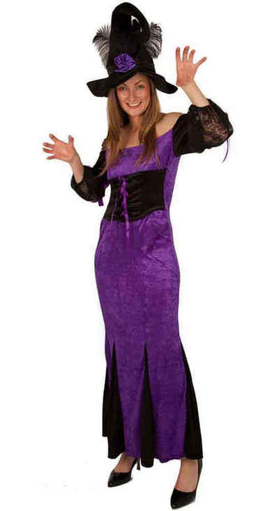 Karneval-Klamotten Hexen-Kostüm Damen langes schwarzes lila Hexenkleid, Frauenkostüm Halloween schwarz lila