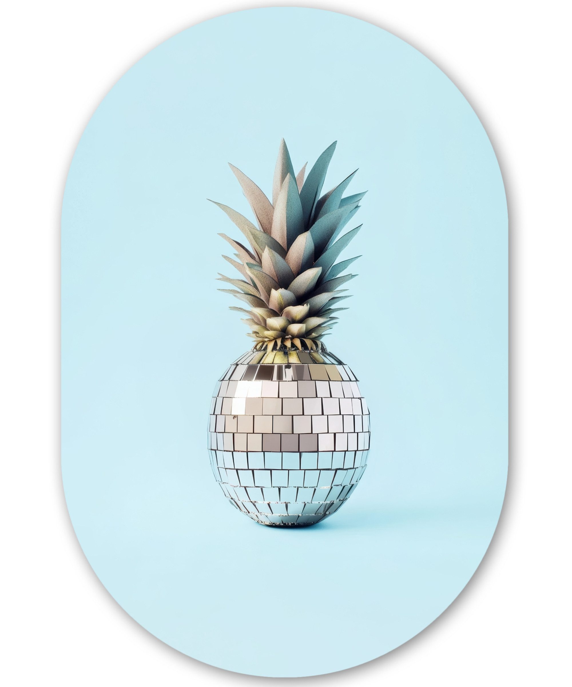 MuchoWow Gemälde Blau - Ananas - Disco - Discoball, Fotodruck (1 St), Wandbild Oval, Wohnzimmer oder Schlafzimmer Wanddekoration, 40x60 cm