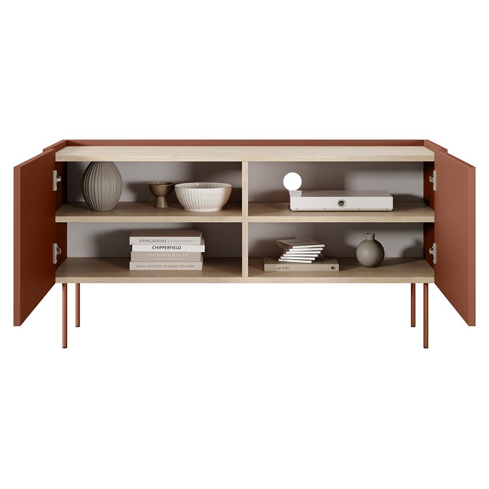 Lomadox Lowboard DELFT-141, in rot und Eiche, 120 cm breit, grifflos