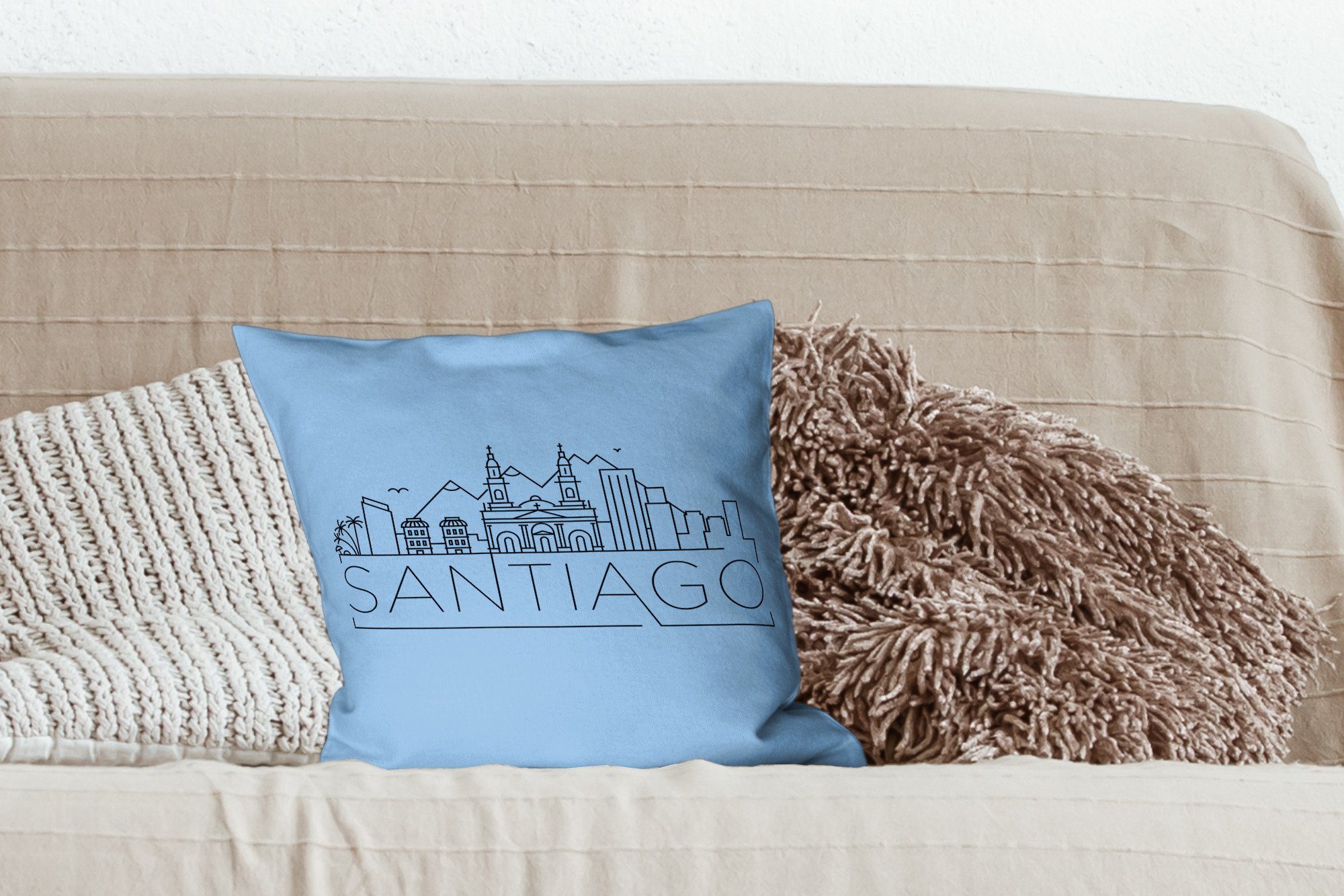 Deko, Schlafzimmer, Sofakissen mit für Skyline Zierkissen "Santiago" MuchoWow schwarz auf Dekokissen blau, Füllung Wohzimmer,