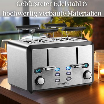 STEINBORG Toaster SB-2210, 4 kurze Schlitze, für 4 Scheiben, Edelstahl Gehäuse,Brötchenaufsatz,Krümelschublade,LED Display