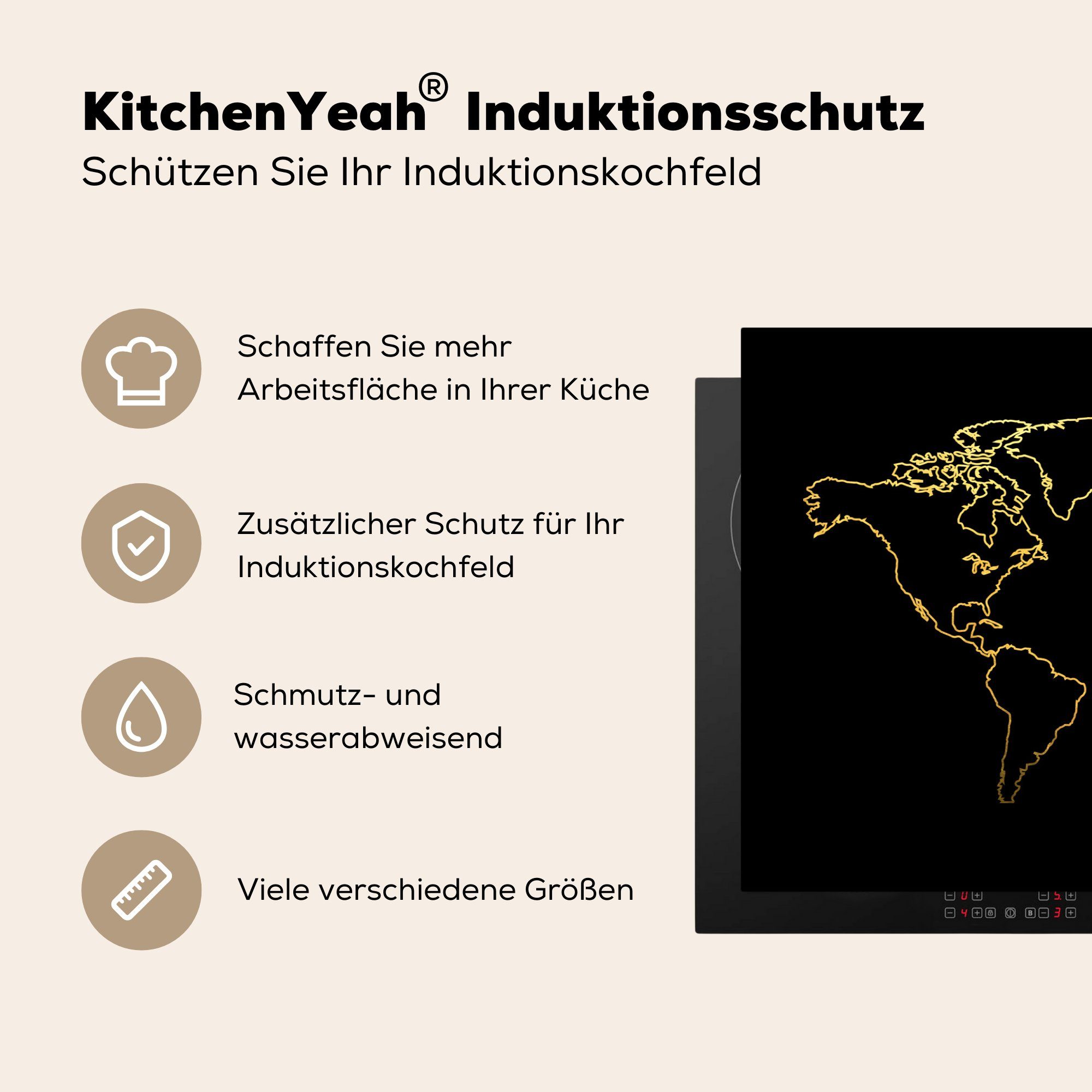 Hintergrund, MuchoWow Weltkarte die Vinyl, Goldene Ceranfeldabdeckung küche, für Herdblende-/Abdeckplatte tlg), auf cm, 81x52 Induktionskochfeld (1 schwarzem Schutz