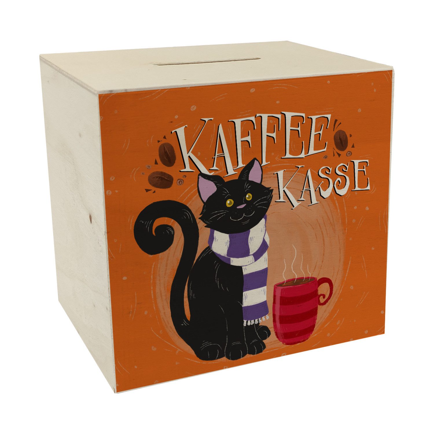 Spardose Herbstliche Kaffeekasse Spardose aus Holz mit schwarzer Katze