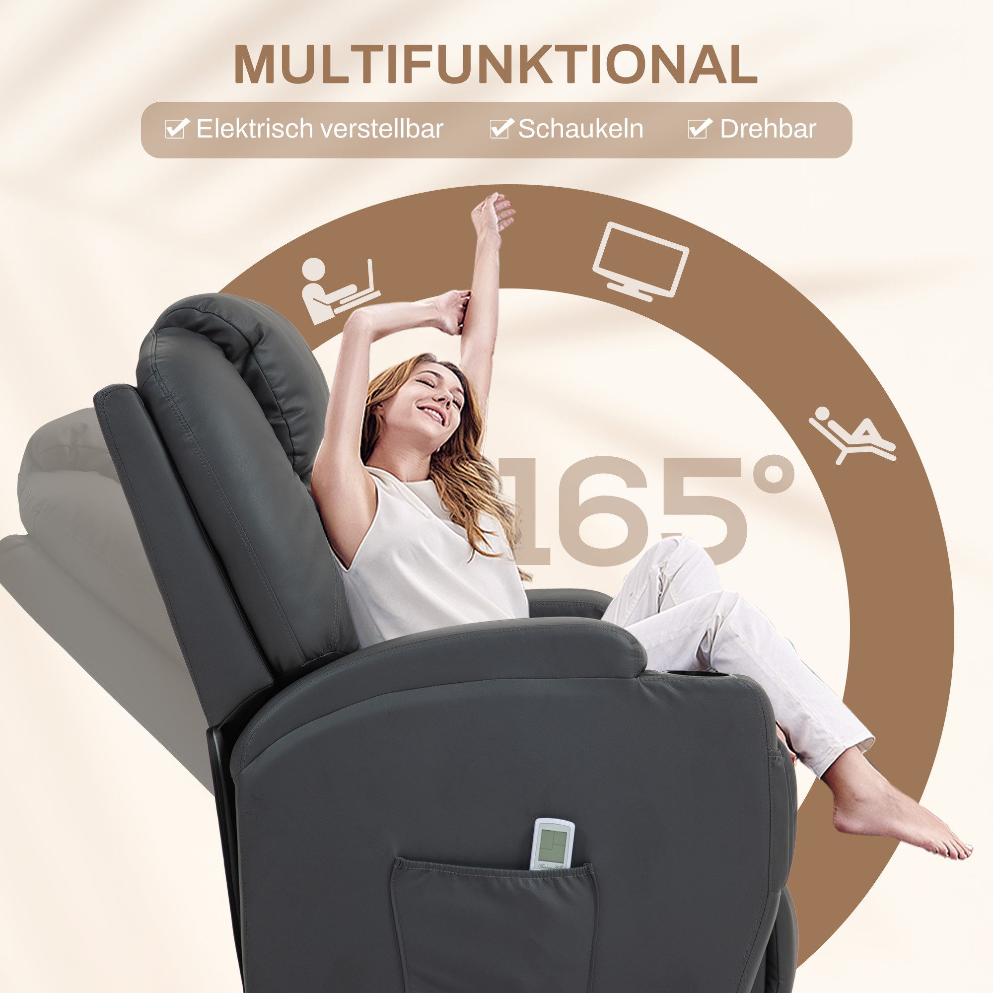 HOMCOM Massagesessel Elektrisch TV Sessel mit Liegefunktion Aufstehhilfe bis 160kg (Fernsehsessel, 1-St., Relaxsessel), für Wohnzimmer, Büro, Dunkelgrau – Bild 5 von 5