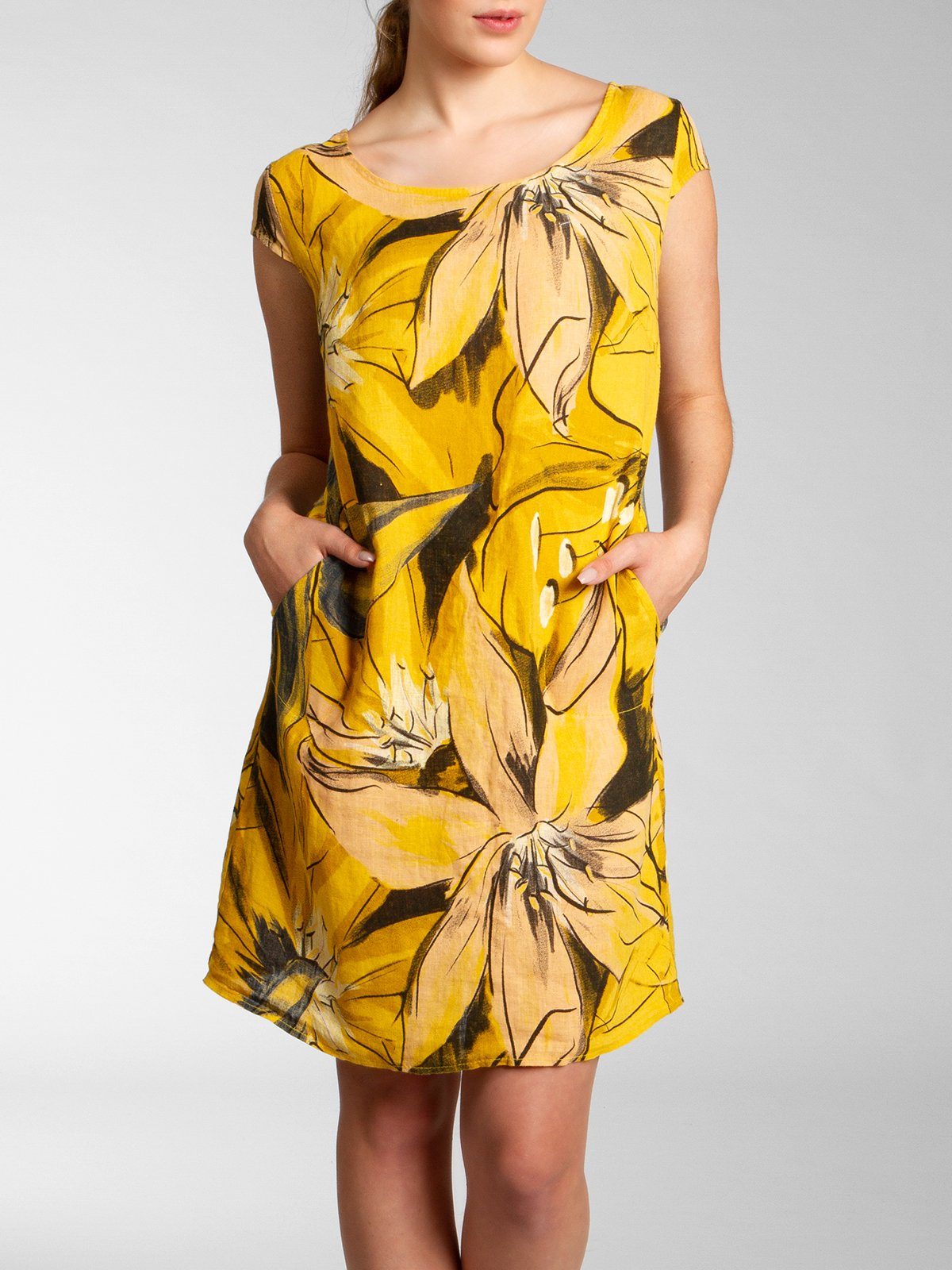 Caspar Sommerkleid SKL035 knielanges elegantes Damen Leinenkleid mit Blüten Print Luftig leicht, figurumspielende Form, mit seitlichem Jersey-Einsatz – Bild 3 von 5
