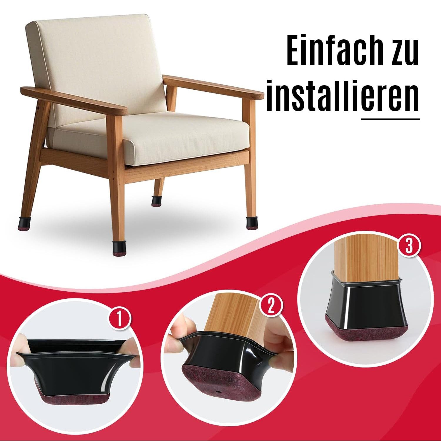 TUWENA Tischbein 24 Stück Stuhlbeinkappen Eckig, Silikon für Stuhlbeine Mit Filz, Filzgleiter, für Stuhlbeine Schräge, Verschleißfeste Stuhlbeinschoner – Bild 5 von 5