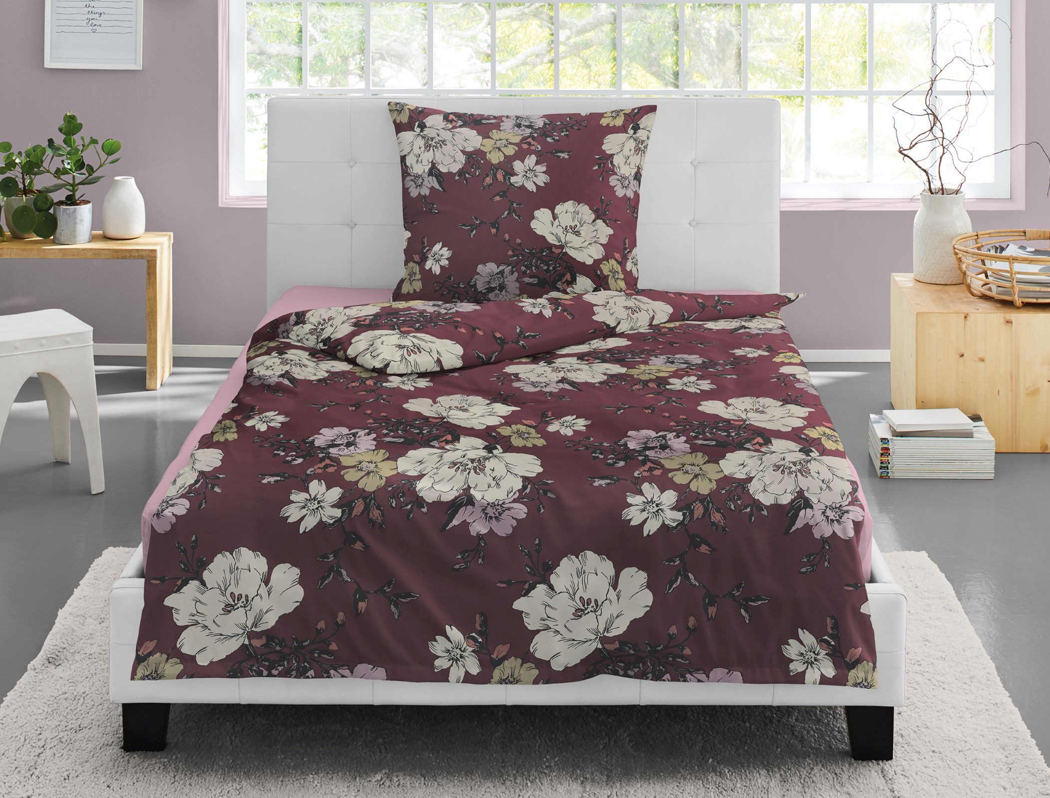 Irisette Bettwäsche Irisette Eos Mako-Satin Bettwäsche 135x200 Blumen Rosen Blüten weinrot, Mako-Satin, 2 teilig