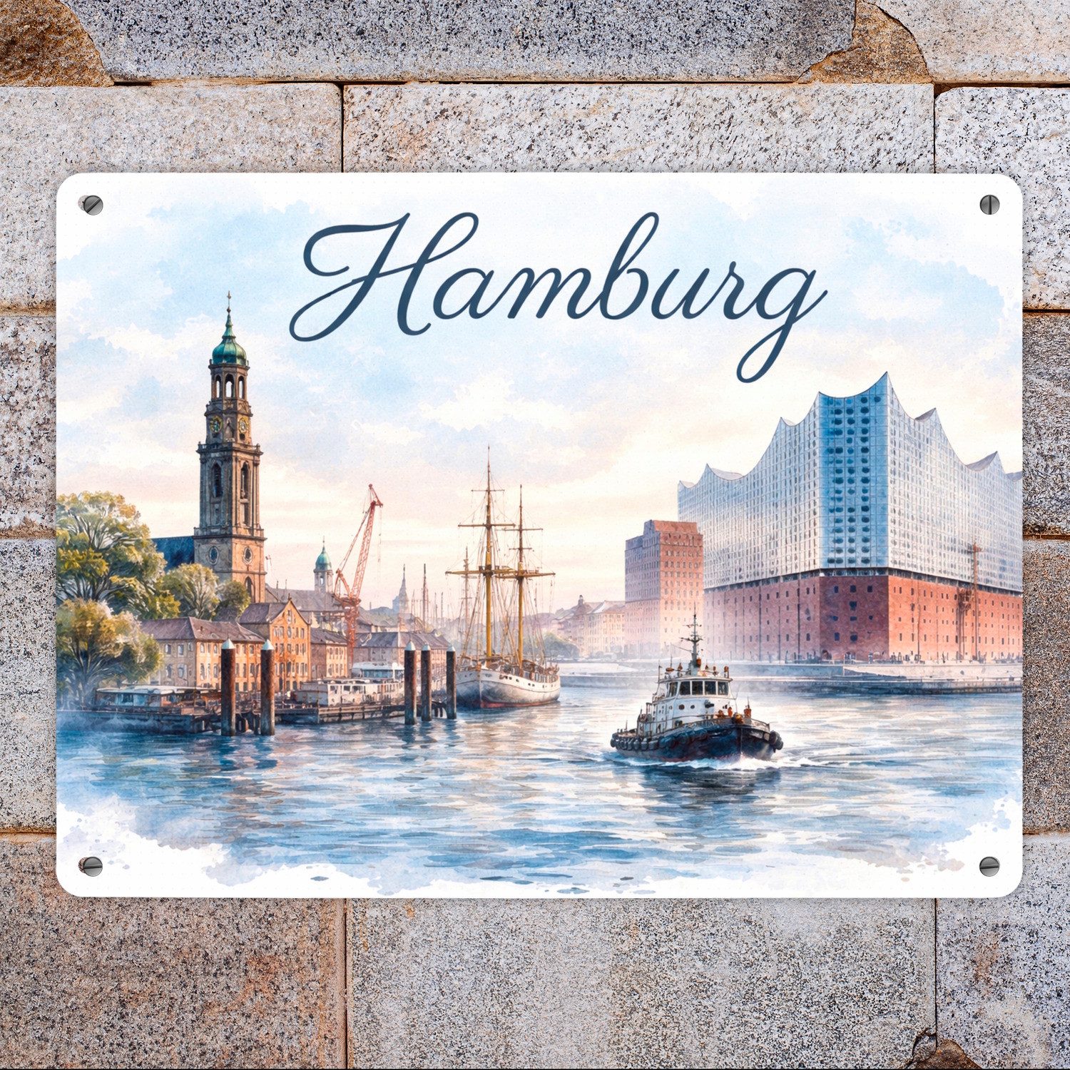 speecheese Metallschild Hamburg Stadt Hafenszene Metallschild XL in 21x28 cm mit Schriftzug – Bild 2 von 2