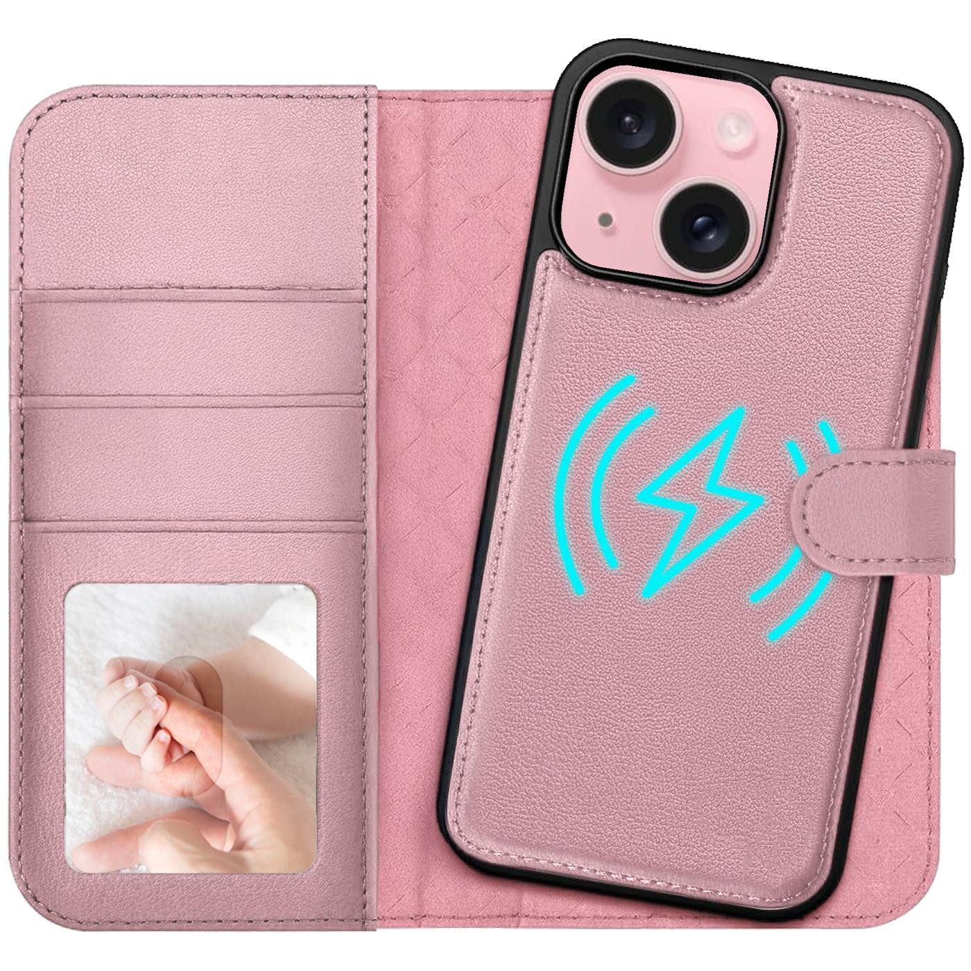 CoolGadget Handyhülle Magnet Book Case für Apple iPhone 15 Hülle + Klapphülle 6,1 Zoll, 2in1 abnehmbare magnetische RFID Schutzhülle Kartenfach Fotofenster