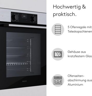 wiggo Einbaubackofen Einbau-Backofen WO-BFA610 Edelstahl I Heißluftofen Energieklasse A, mit Teleskopauszug, Ober- & Unterhitze, Heißluft, Grillen, Auftauen, Airfryer