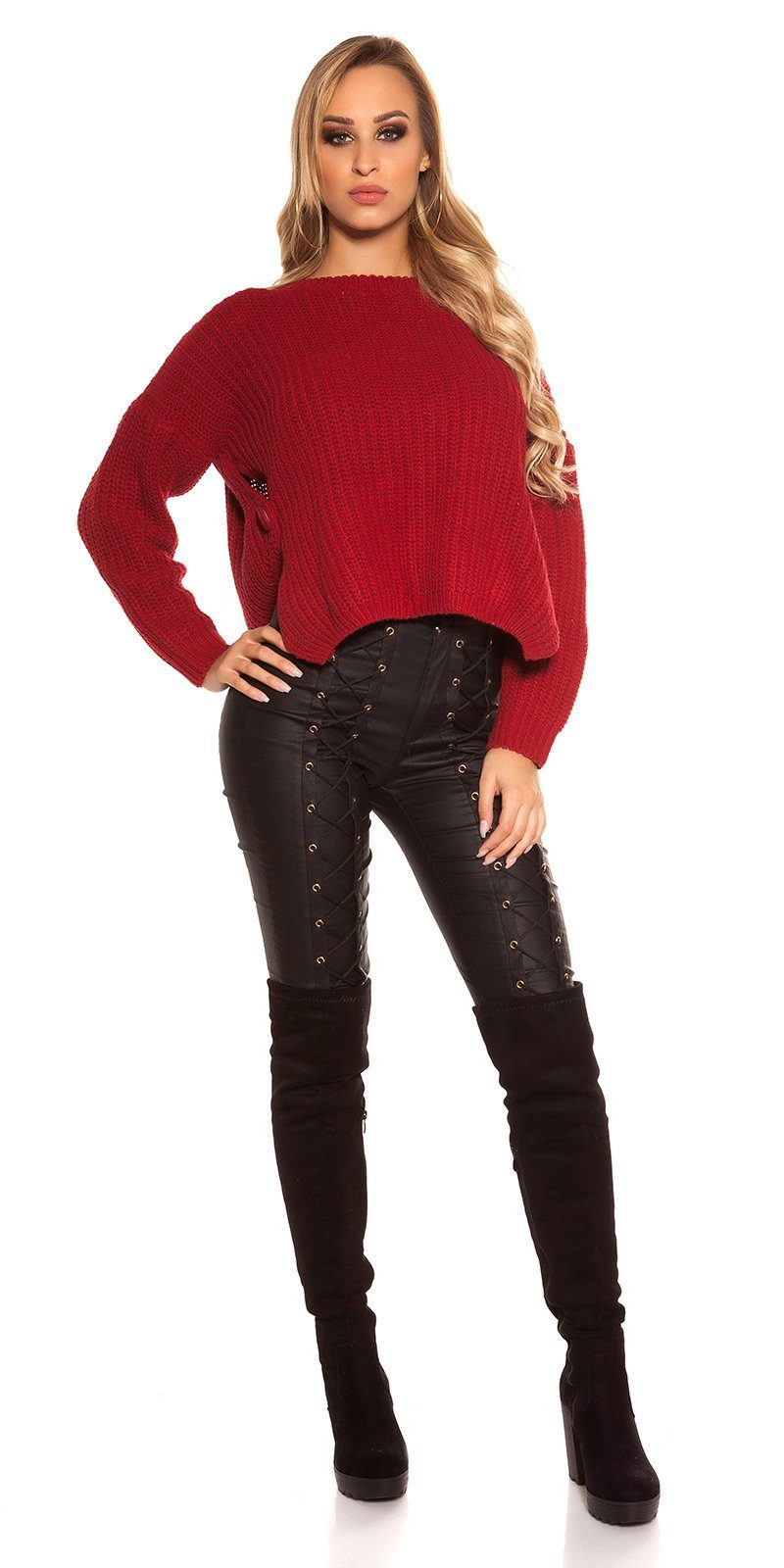 "Musthave" seitlichen Knöpfen Trendy Strickpullover bordeaux Koucla mit Strickpullover