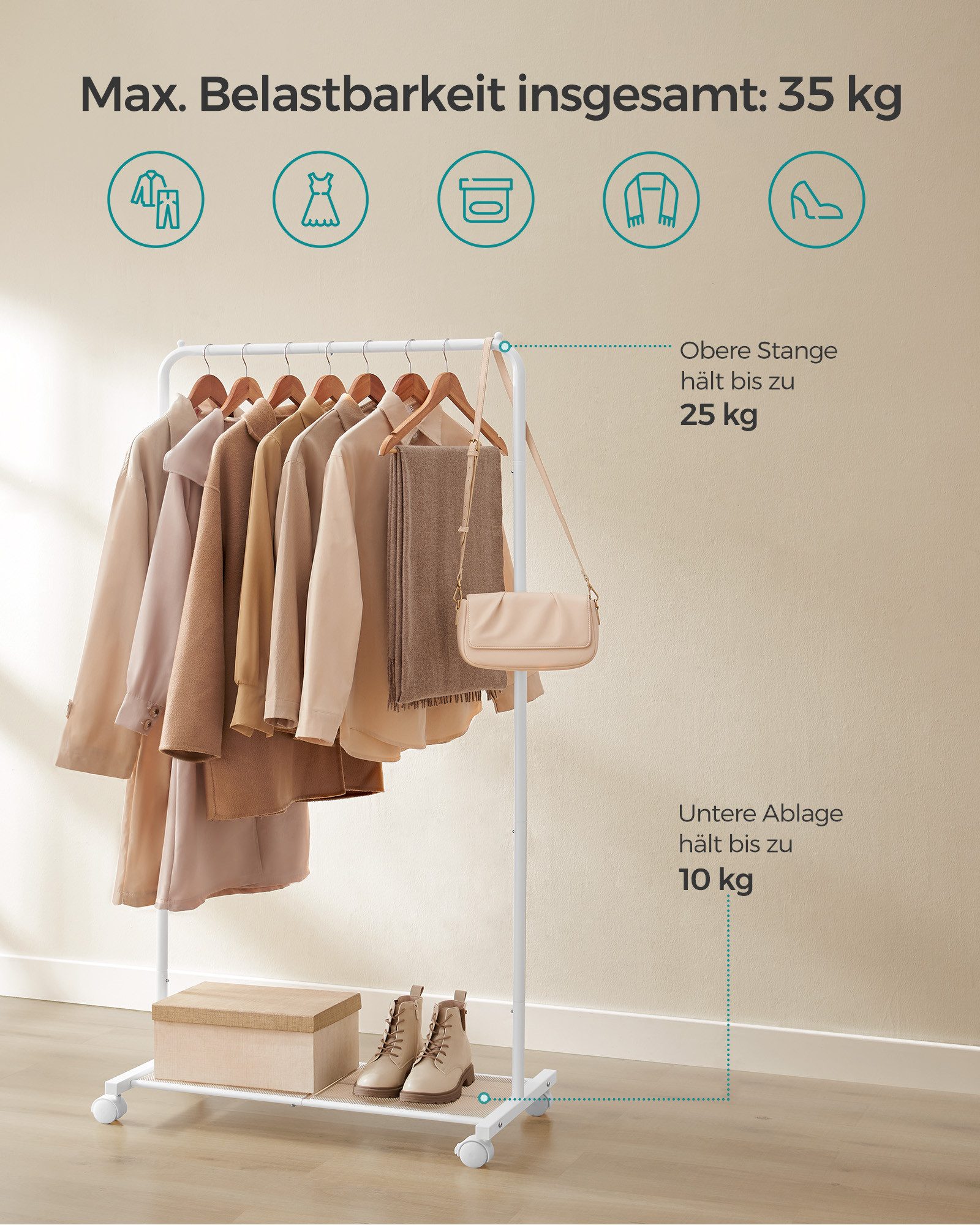SONGMICS Kleiderständer Kleiderstange auf Rollen, Garderobenständer 74 cm breit, Rollgarderobe mit Gitterablage, bis 35 kg belastbar, 2 Rollen