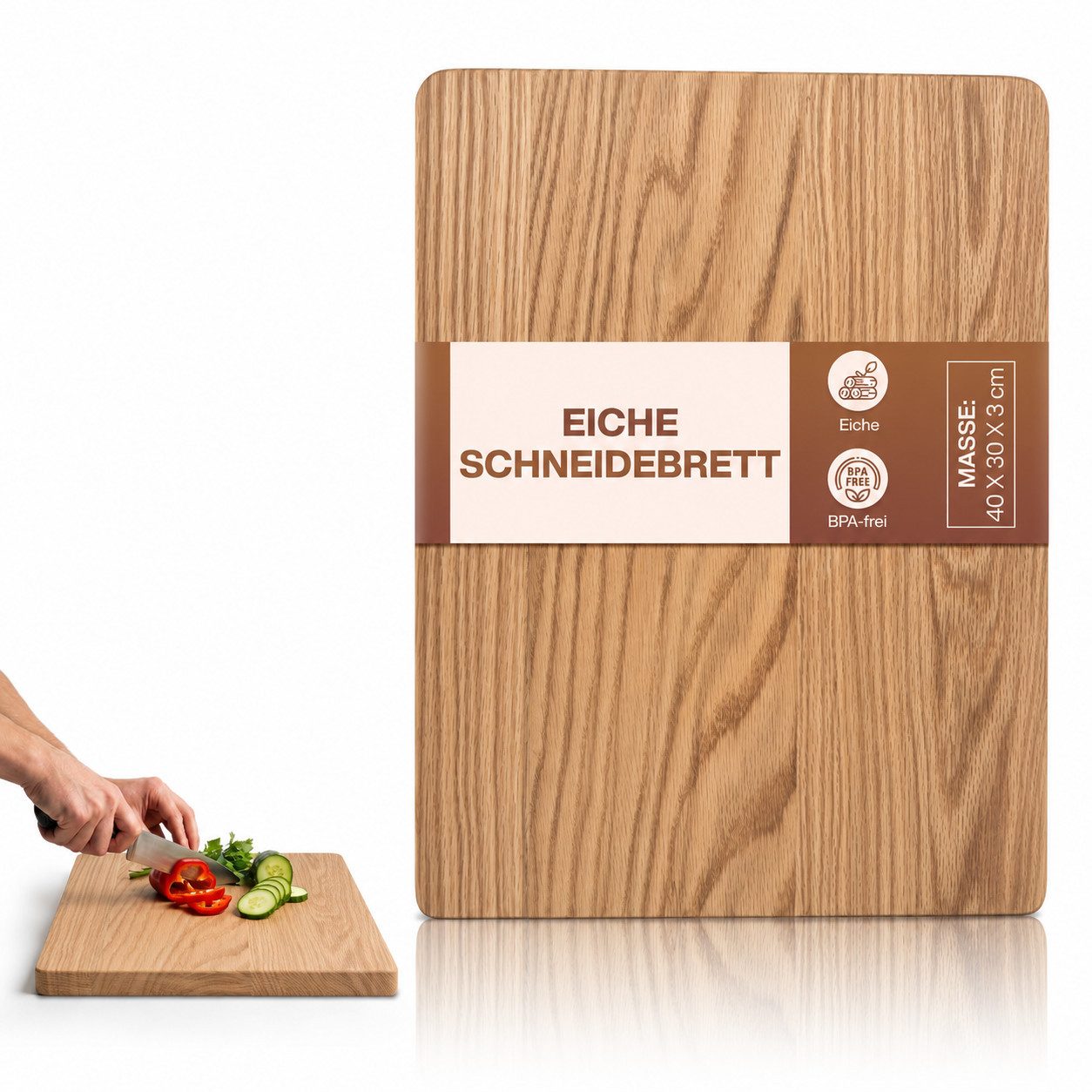 PEGSEN Schneidebrett Premium Küchenbrett Hackblock Holzschneidebrett 40x30x3cm, Massiholz, Eiche, mit rutschfesten Standfüßen, Servierbrett & Tranchierbrett