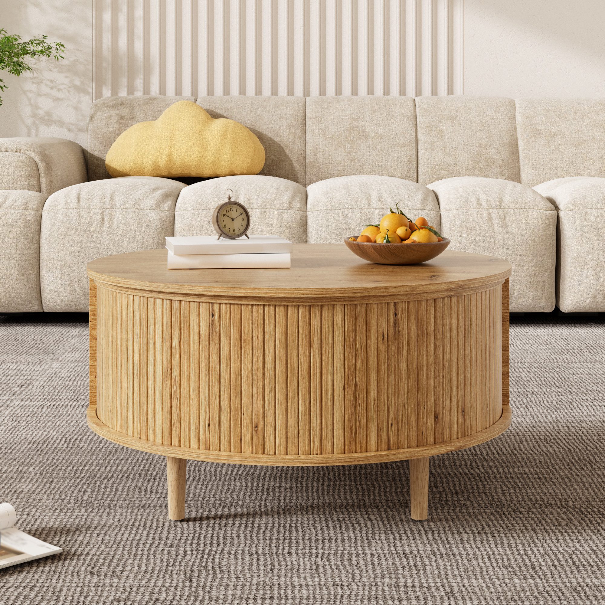 Merax Couchtisch rund Sofatisch anhebbarer Beistelltisch mit Liftfunktion im Holzoptik (1-St), Wohnzimmertisch mit Schiebetür, 4 Ablagefächern & verstecktem Stauraum