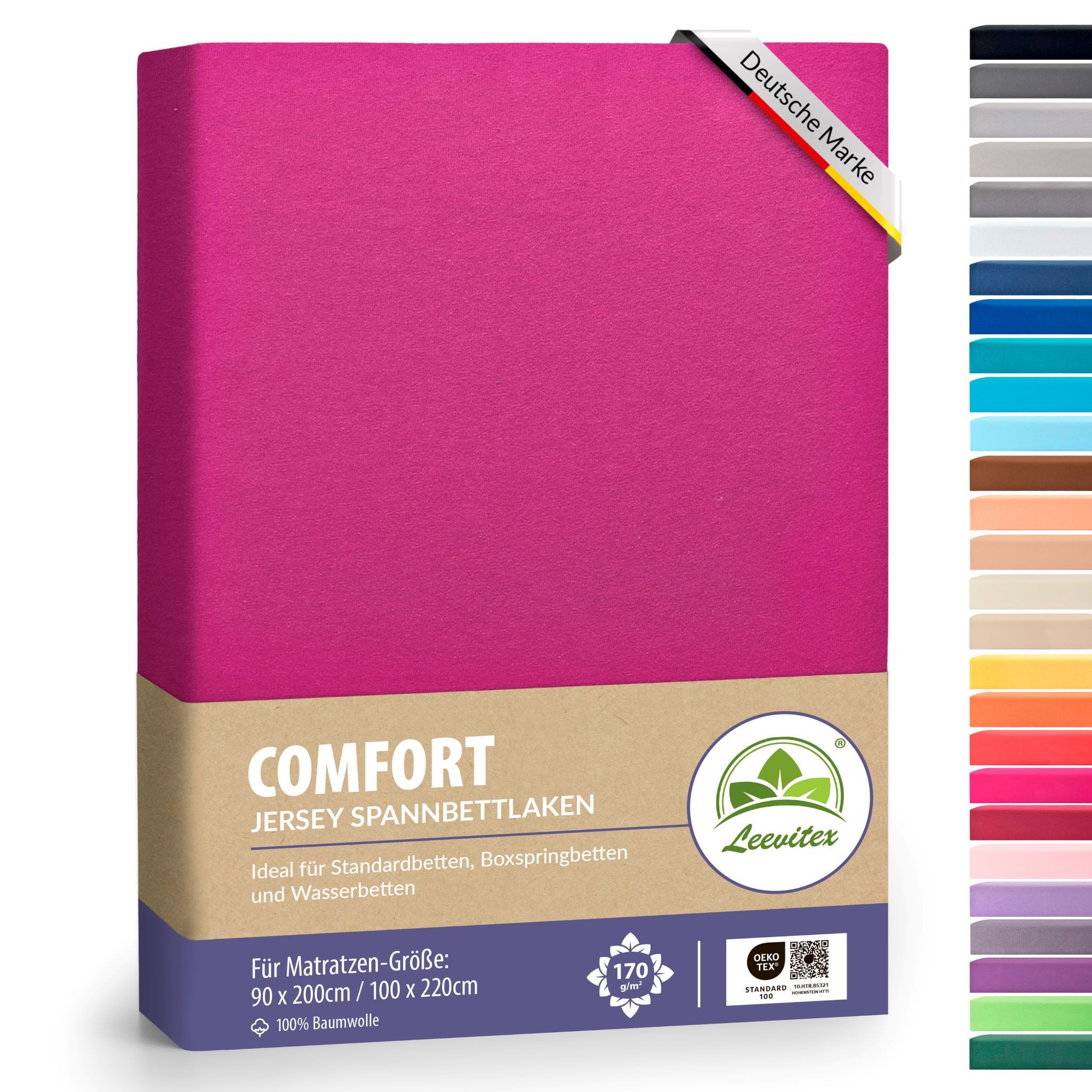 leevitex® Spannbettlaken verschiedene Größen, Stoffgewicht 170 g/m², 40 cm Steghöhe, Jersey, Gummizug: rundum, (1 Stück), verschiedene Farben, OEKO-TEX® STANDARD 100 zertifiziert