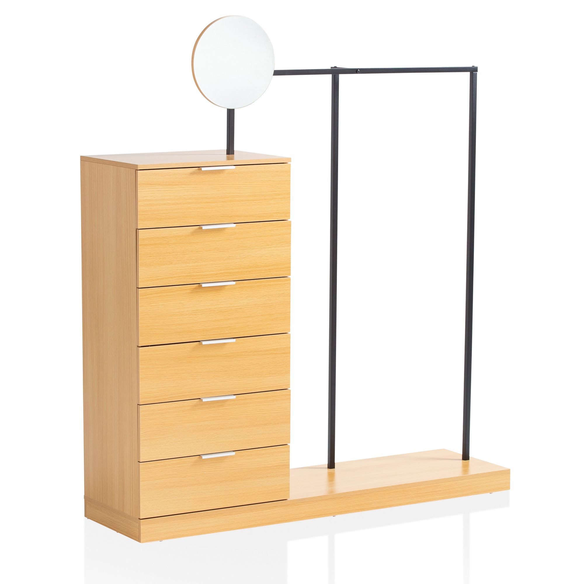 FINEBUY Garderobe FB100016 (Flurgarderobe mit Kommode & Kleiderstange Eiche), Flur Kompaktgarderobe, Komplettgarderobe Spiegel
