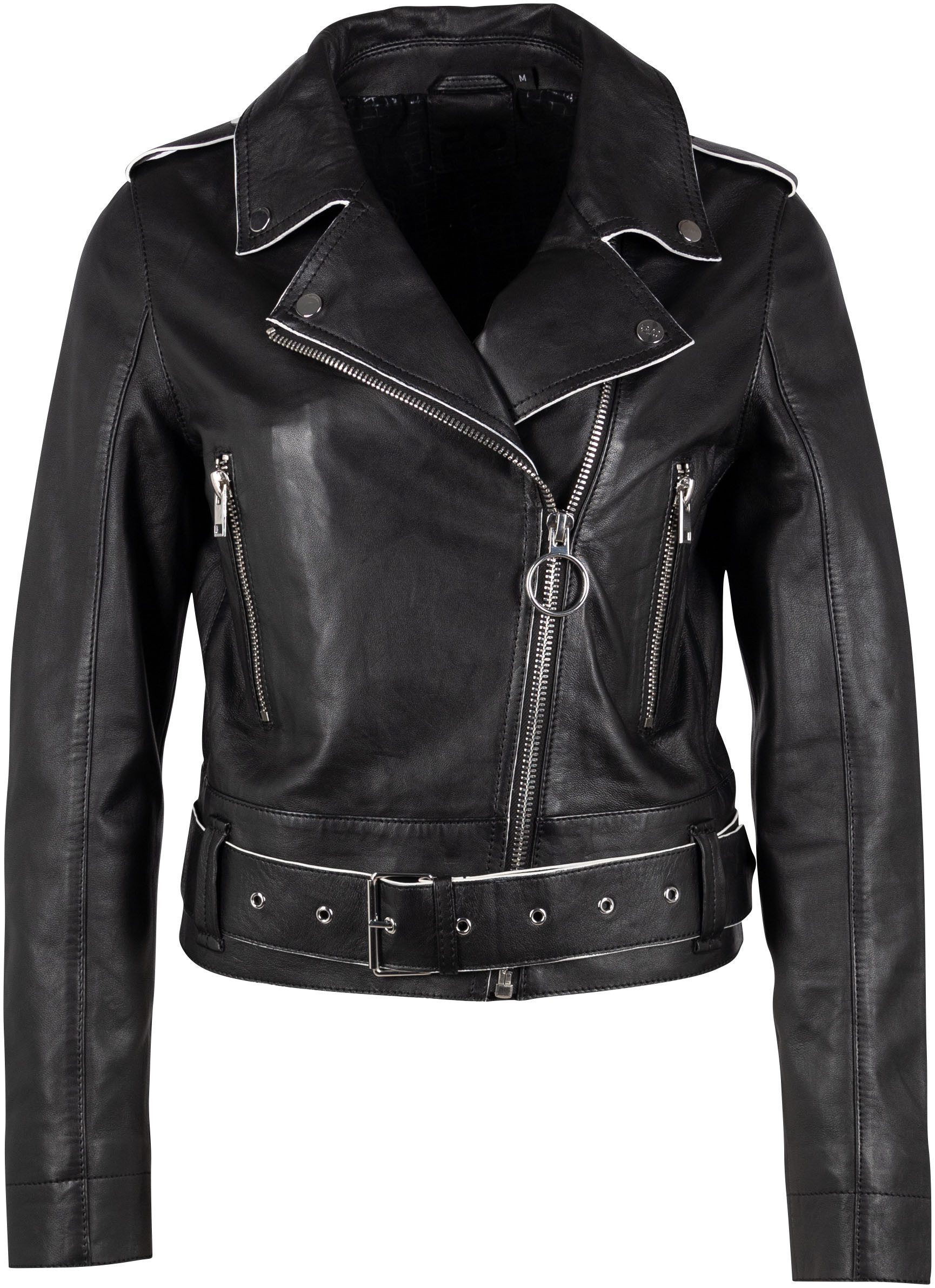Mauritius Lederjacke G2WCelin SF mit asymetrischem Reißverschluss, Gürtel, Zipper-Details