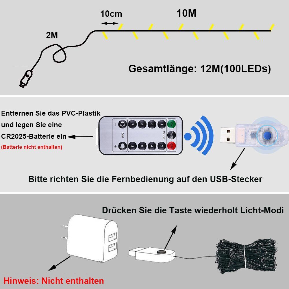Sunicol LED-Lichterkette 5-100M lichterkette innen, USB/mit Stecker, Warmweiß, 100-flammig, Dimmbar, 8 Modi, Timer, für Weihnachten Garten Party – Bild 3 von 5