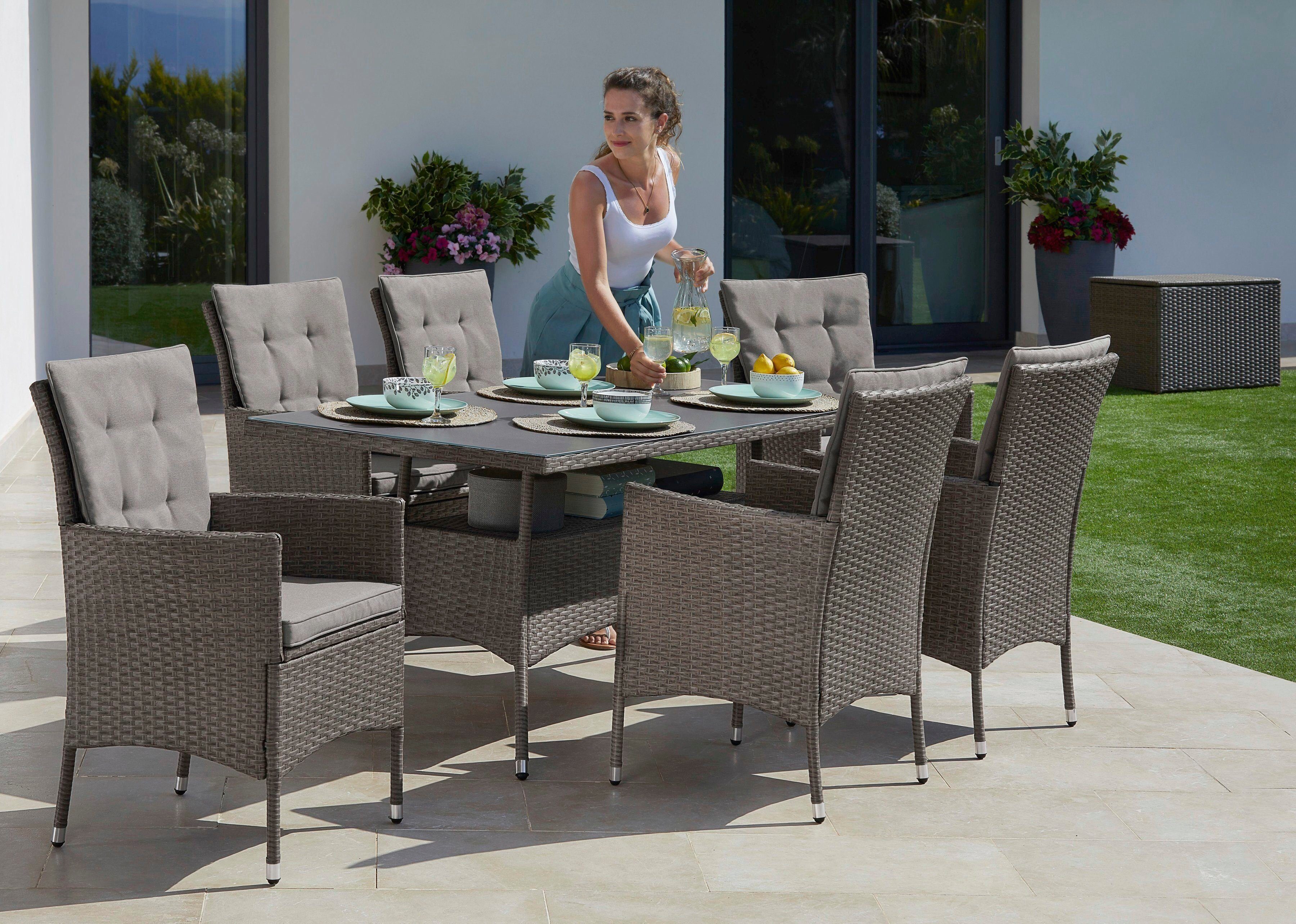 KONIFERA Garten-Essgruppe Mailand, (Set, 19-tlg., 6x Sessel, 1xTisch 150x80 cm, inkl. Auflagen, Polyrattan), Tischplatte aus Sicherheitsglas, Staufläche unter dem Tisch