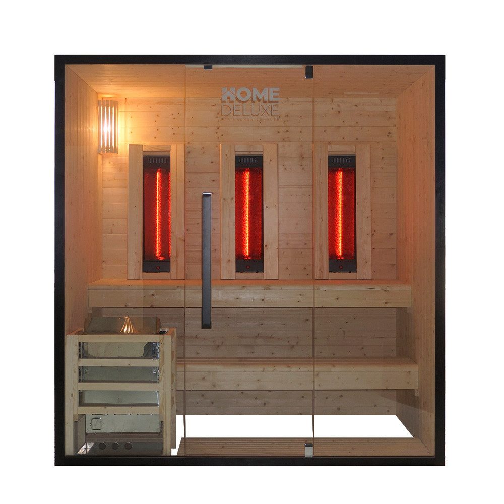HOME DELUXE Sauna Kombisauna - EVEREST, BxTxH: 180 x 120 x 190 cm, 44 mm, (6 kW Saunaofen & 3x Infrarot-Vollspektrumstrahler) Kombination aus Sauna und Infrarotkabine, Hybridsauna
