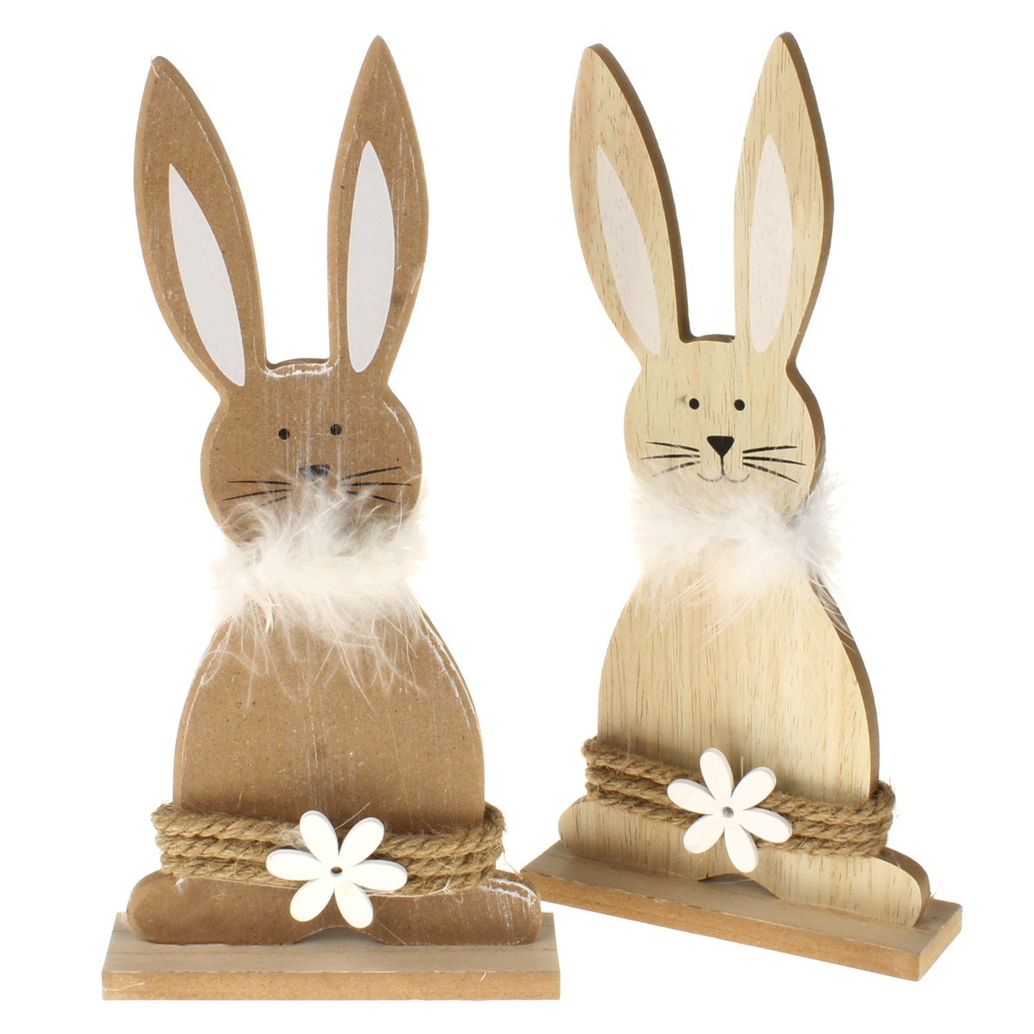 Macosa Home Osterhase 2er Set Deko-Hasen Holz Braun 27 cm Osterhase Federkragen (Deko-Figur Ostern, Tischdeko Hasenpaar), Osterdeko Holzhase Oster-Dekoration