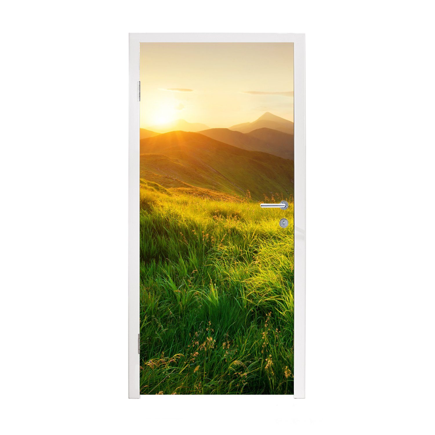 MuchoWow Türtapete Gras - Hügel - Sonne - Natur - Landschaft, Matt, bedruckt, (1 St), Fototapete für Tür, Türaufkleber, 75x205 cm