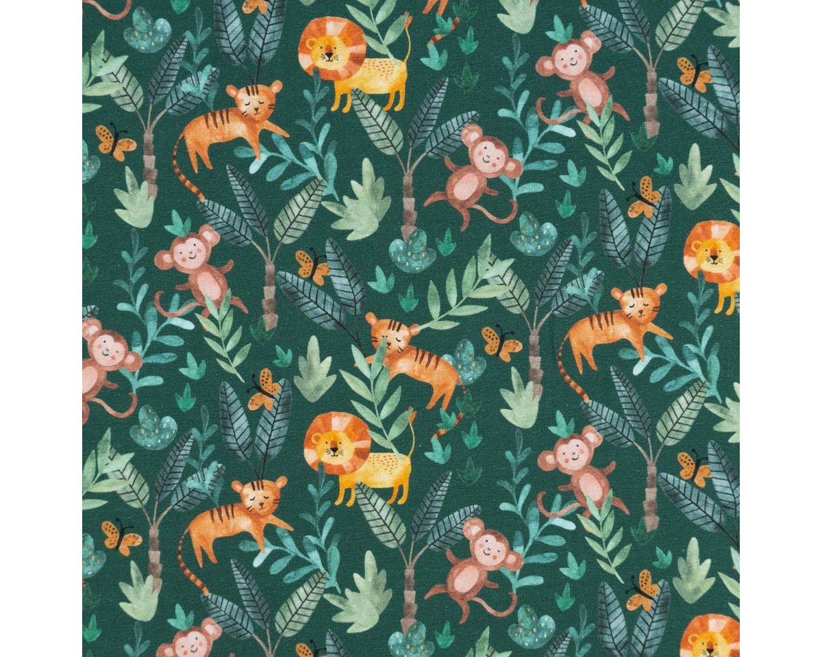 Thumbnail - SCHÖNER LEBEN. Stoff Baumwolljersey Digitaldr. JUNGLE ANIMALS Löwe Tiger Affe Bäume dunke, allergikergeeignet