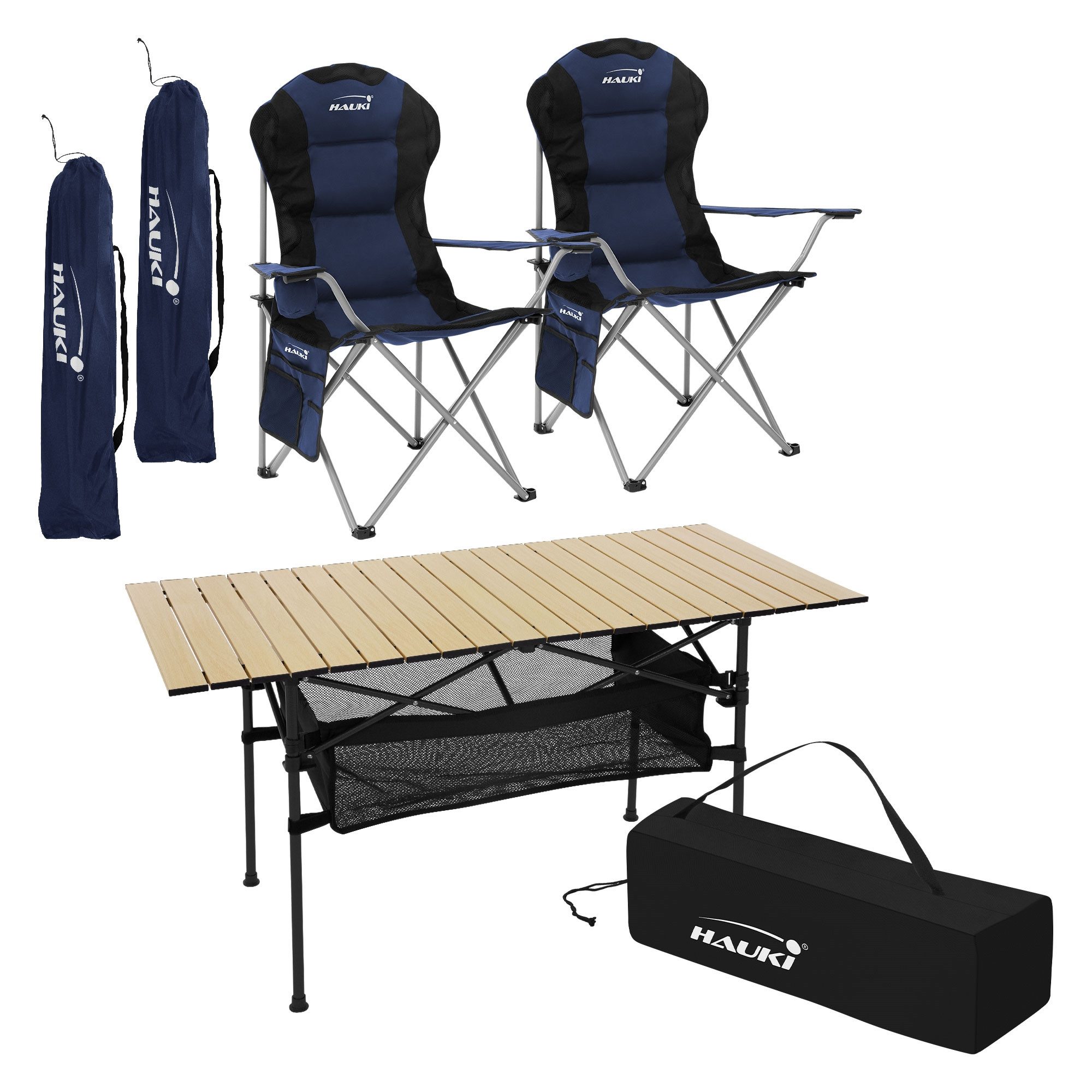 Hauki Campingtisch Campingmöbel Set für 2 Person mit Tragetasche Gartenmöbel Sitzgruppe (3-St), Camping-Set mit Aluminium Klapptisch inkl. 2 Campingstuhl Blau
