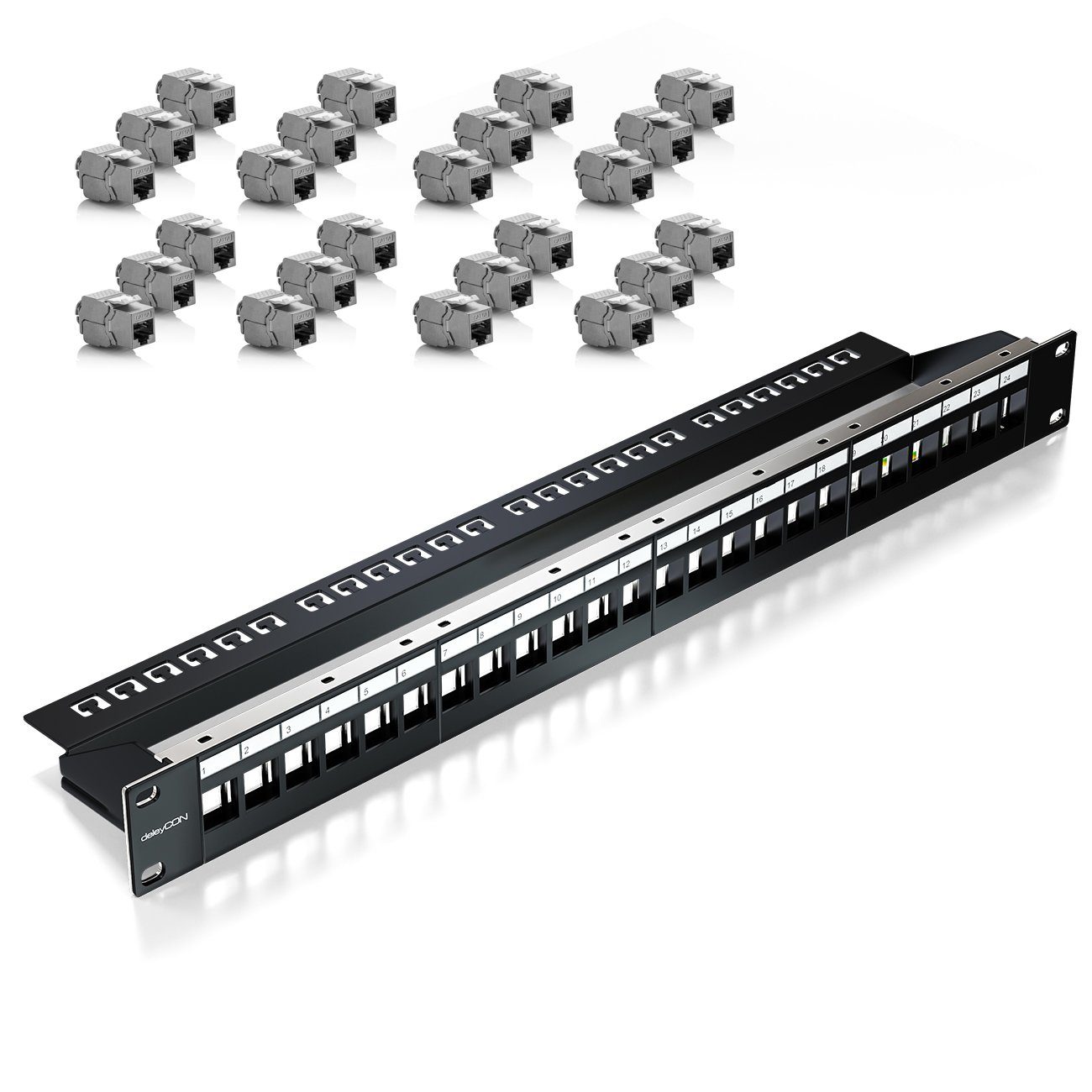 deleyCON 24 Port Patchpanel + 24x Keystone Module im Set 1HE 19 Zoll Netzwerk-Adapter