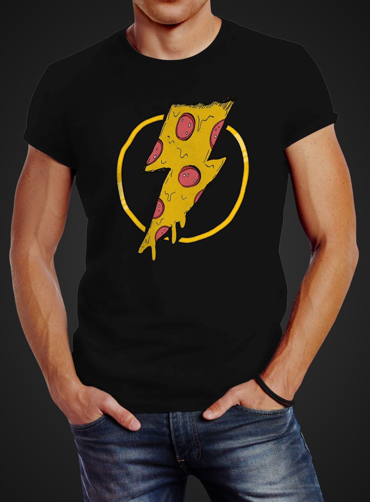 mit Comic Herren Neverless T-Shirt Print-Shirt Aufdruck Neverless® Stil Blitz Print Pizza Printshirt