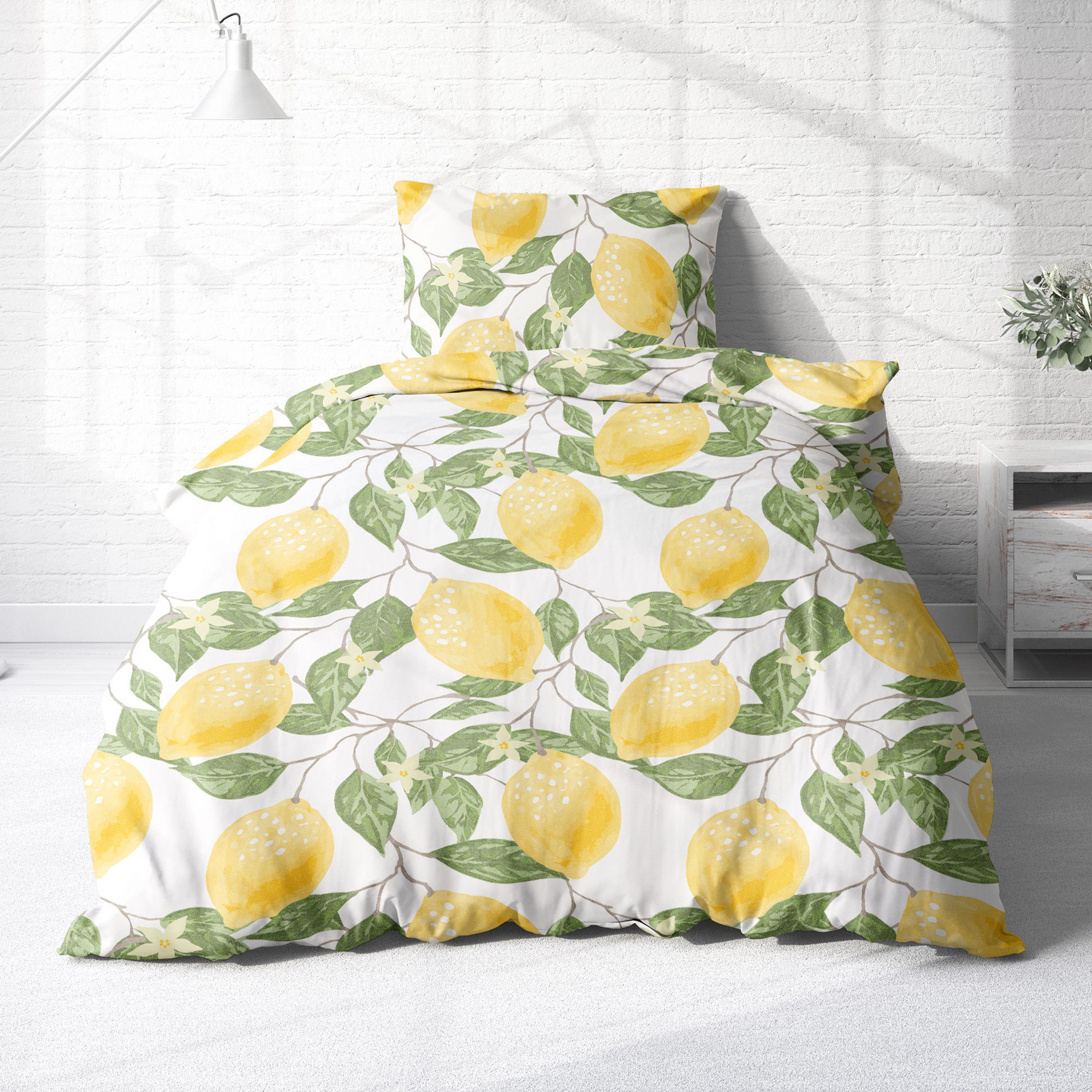 Träumschön Bettwäsche Premium Bettwäsche 135x200 oder 155x220 cm, Zitronen Muster weiß gelb, Renforce, 2 teilig, mit Reißverschluss, 100% Baumwolle, Sommerbettwäsche