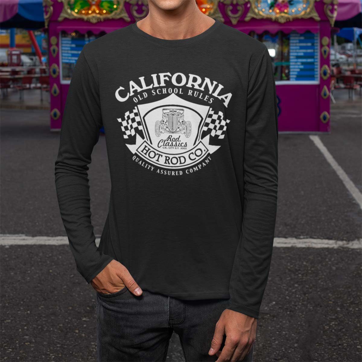 Herren T-Shirt Langarm / mit Grau Wheels Rebel US-Car Tee Motiv Longsleeve Hotrod On Longsleeve Melange Hotrod California