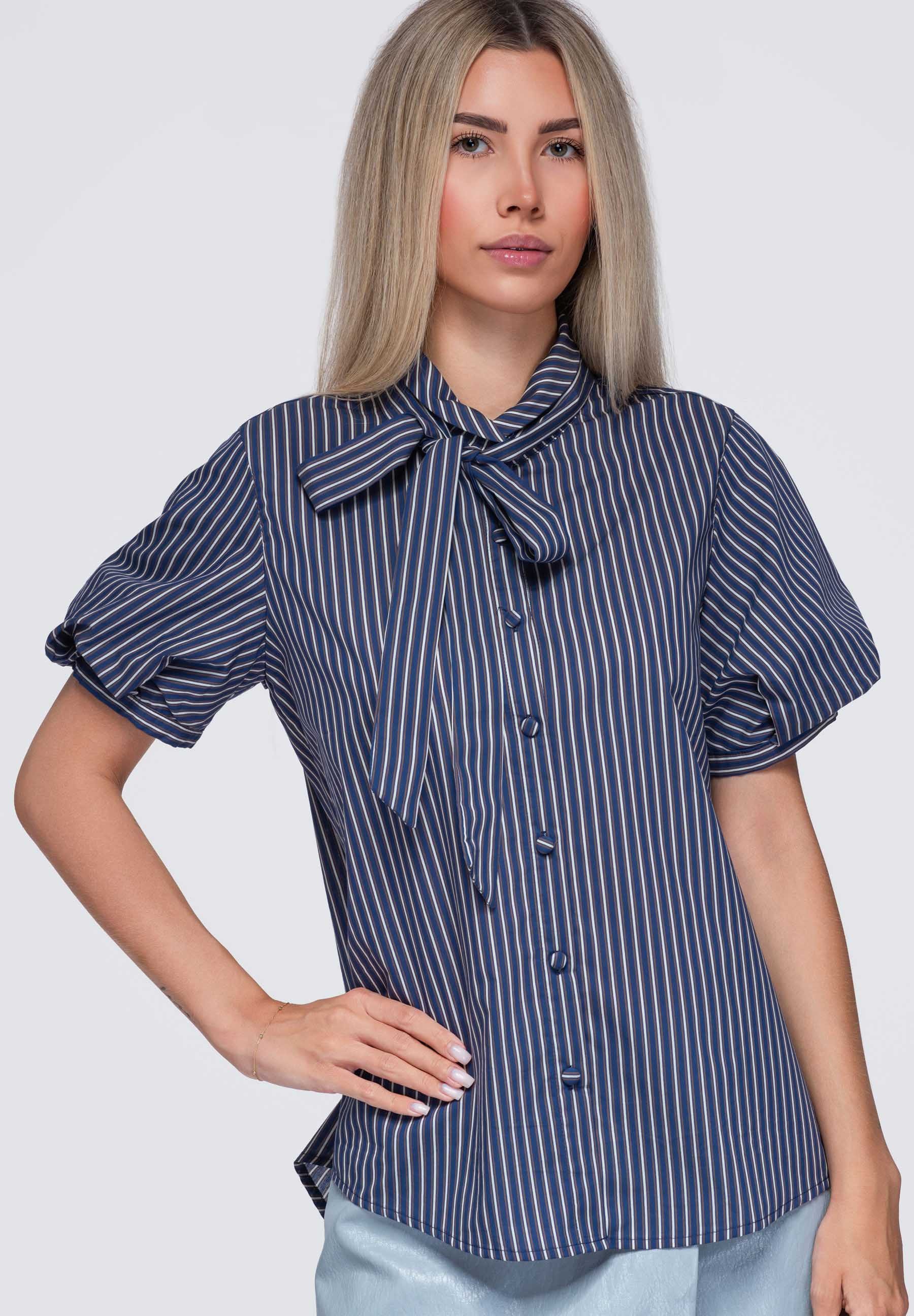OMBRE Hemdbluse Damen Hemdbluse mit Stehkragen und lockerer Passform Navy M/L (kein Set, 1-tlg)