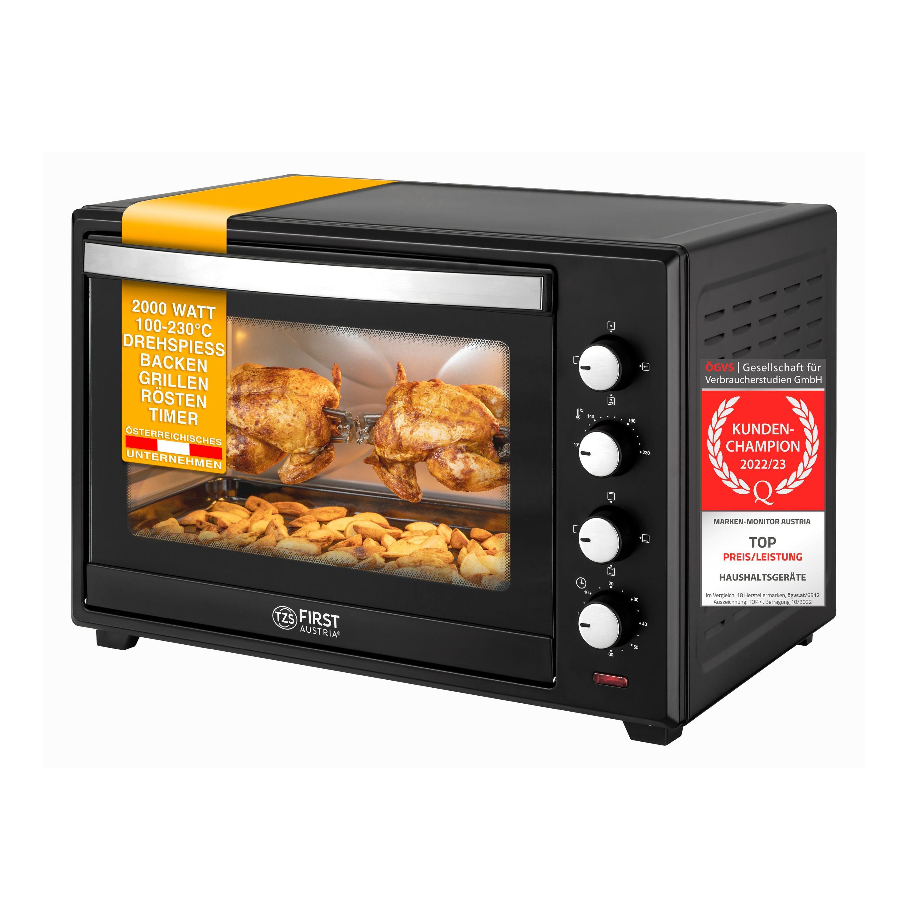 TZS FIRST AUSTRIA Minibackofen Pizzaofen, 2000W, 60L, mit Innenbeleuchtung, Umluft-Funktion, Drehspieß für 2 Hühnchen, Mini Backofen, herausnehmbares Krümelblech