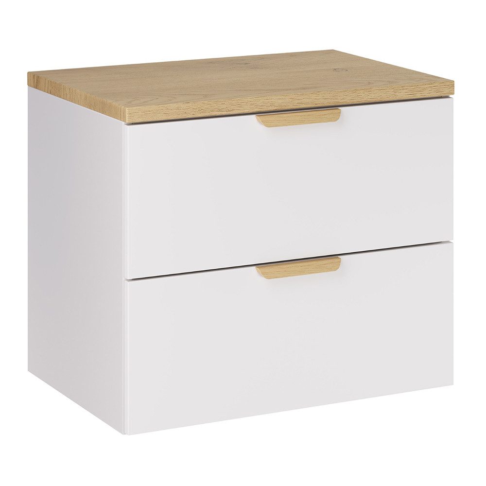 Lomadox Waschbeckenschrank ALASSIO-56 60 cm breit, Weiß matt mit Eiche, 2 Schubladen
