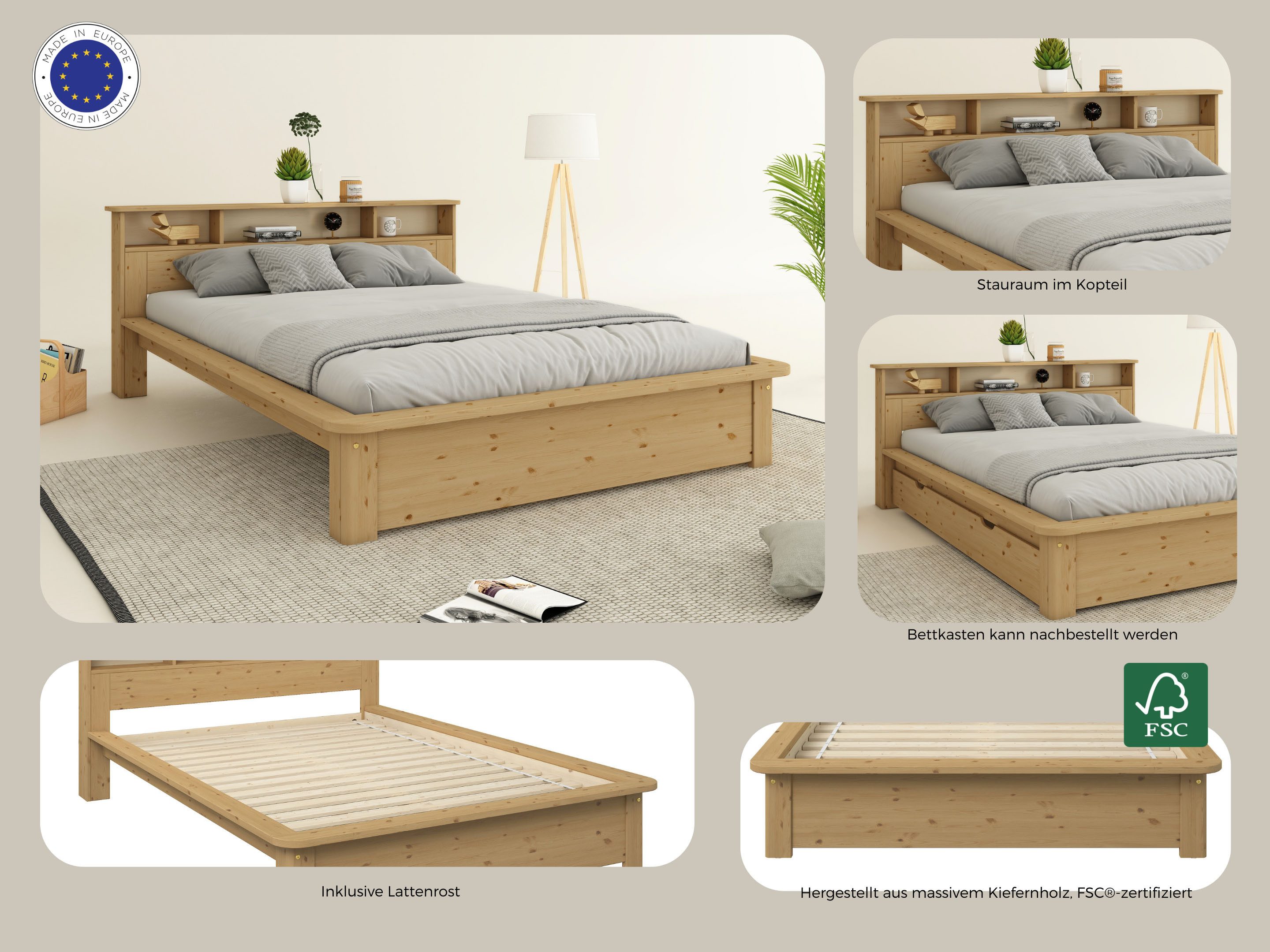 OTTO home Massivholzbett "KERO"Stauraum im Kopfteil, zertifiziertes Massivholz (Kiefer), optional mit Schublade