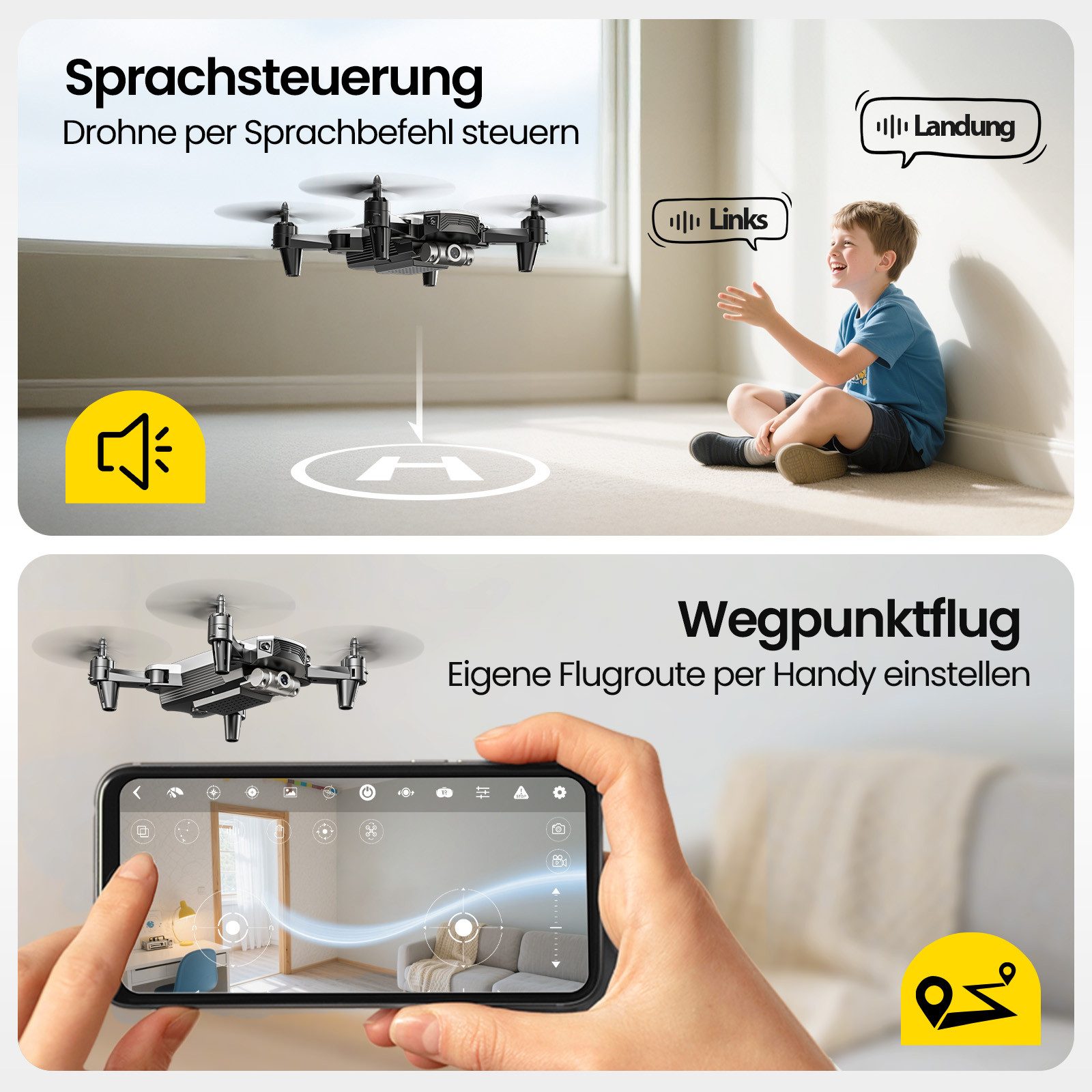 DEERC Mini, mit 1080P Kamera für Kinder, optischem Fluss, faltbar Drohne (FPV-Übertragung & Smarte Steuerung, bis 20min Flugzeit) silberfarben