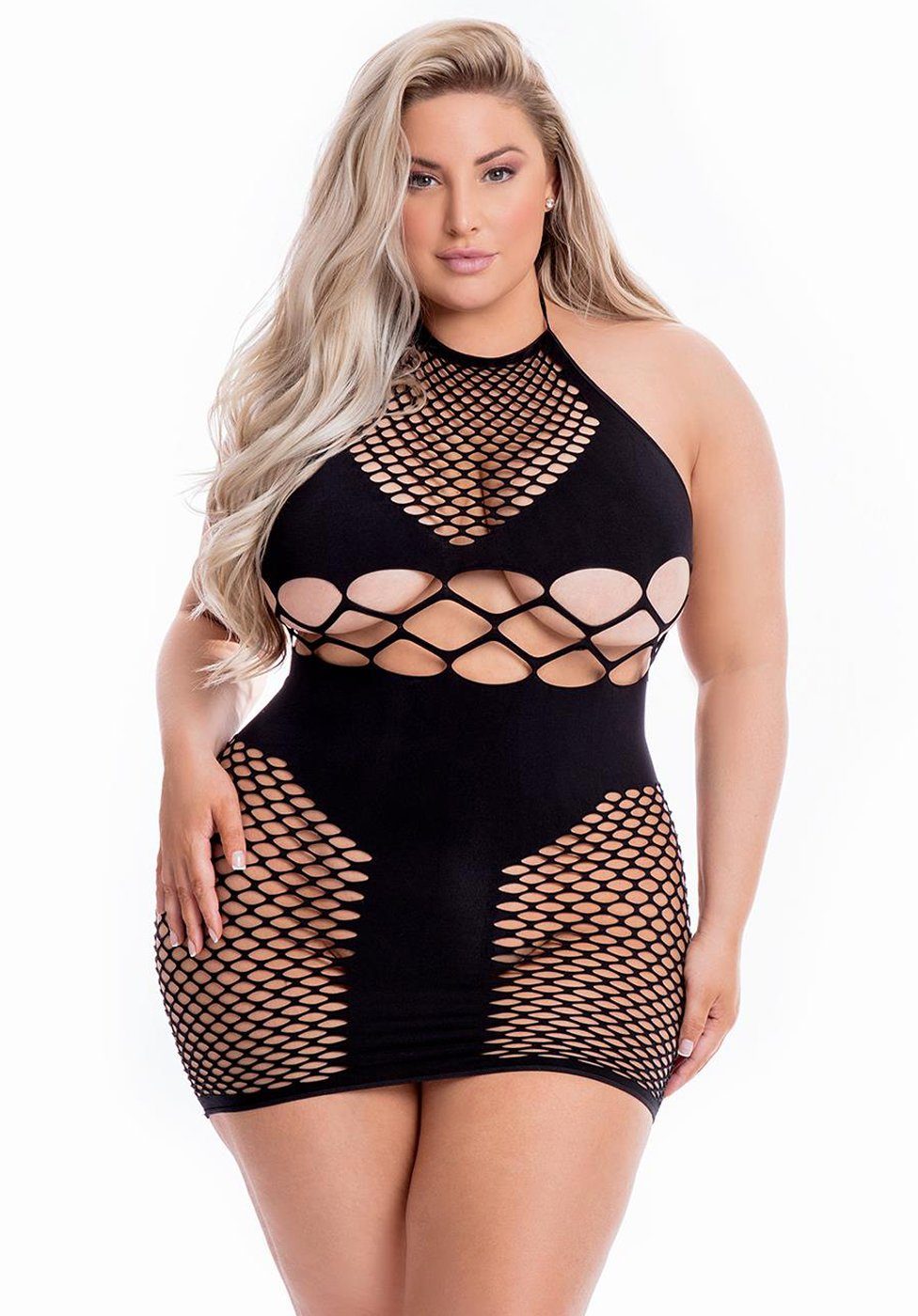 Pink Lipstick Lingerie Minikleid Netz Kleid Plus Size Übergröße - schwarz