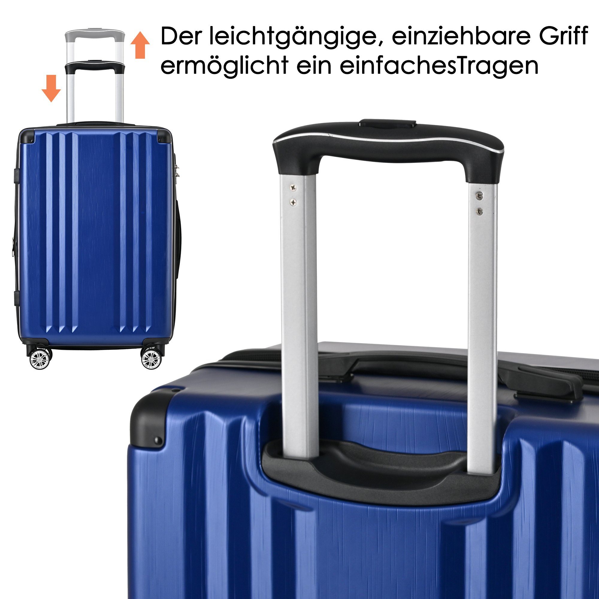 Set Kofferset Dunkelblau Rollen, 4 tlg), (3 Flieks Hartschale Trolleyset, Reisekoffer Handgepäck Trolley