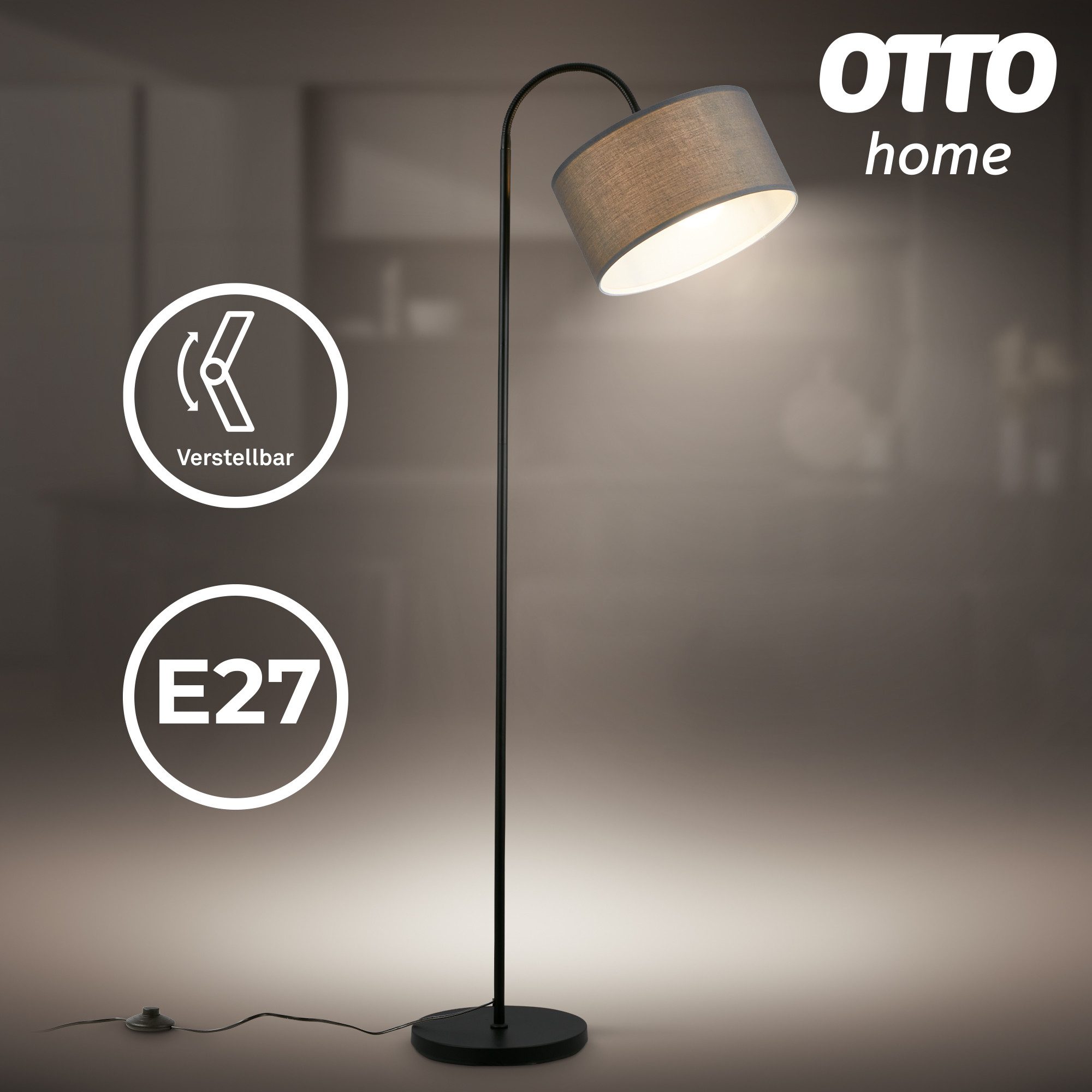 OTTO home Stehlampe GORRIN, Ein-/Ausschalter, ohne Leuchtmittel, Stehleuchte, Textilschirm, Kabelschalter, E27-Fassung, 145cm Höhe
