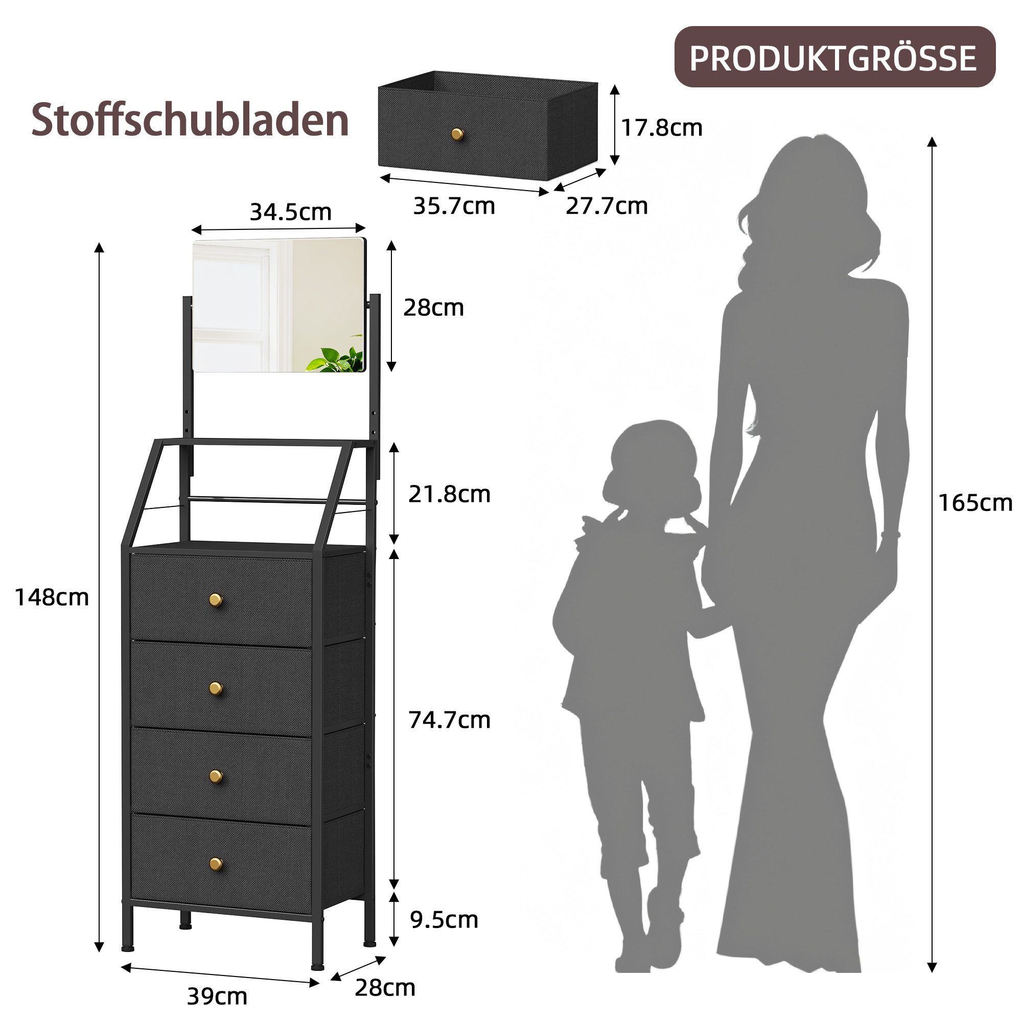 OYRREU Schminkschrank mit Spiegel, 4 Stoffschubladen, 147 cm hohe Kleiderkommode (2-in-1 Spiegel-Kommode) platzsparendes Hochdesign, kippsicher