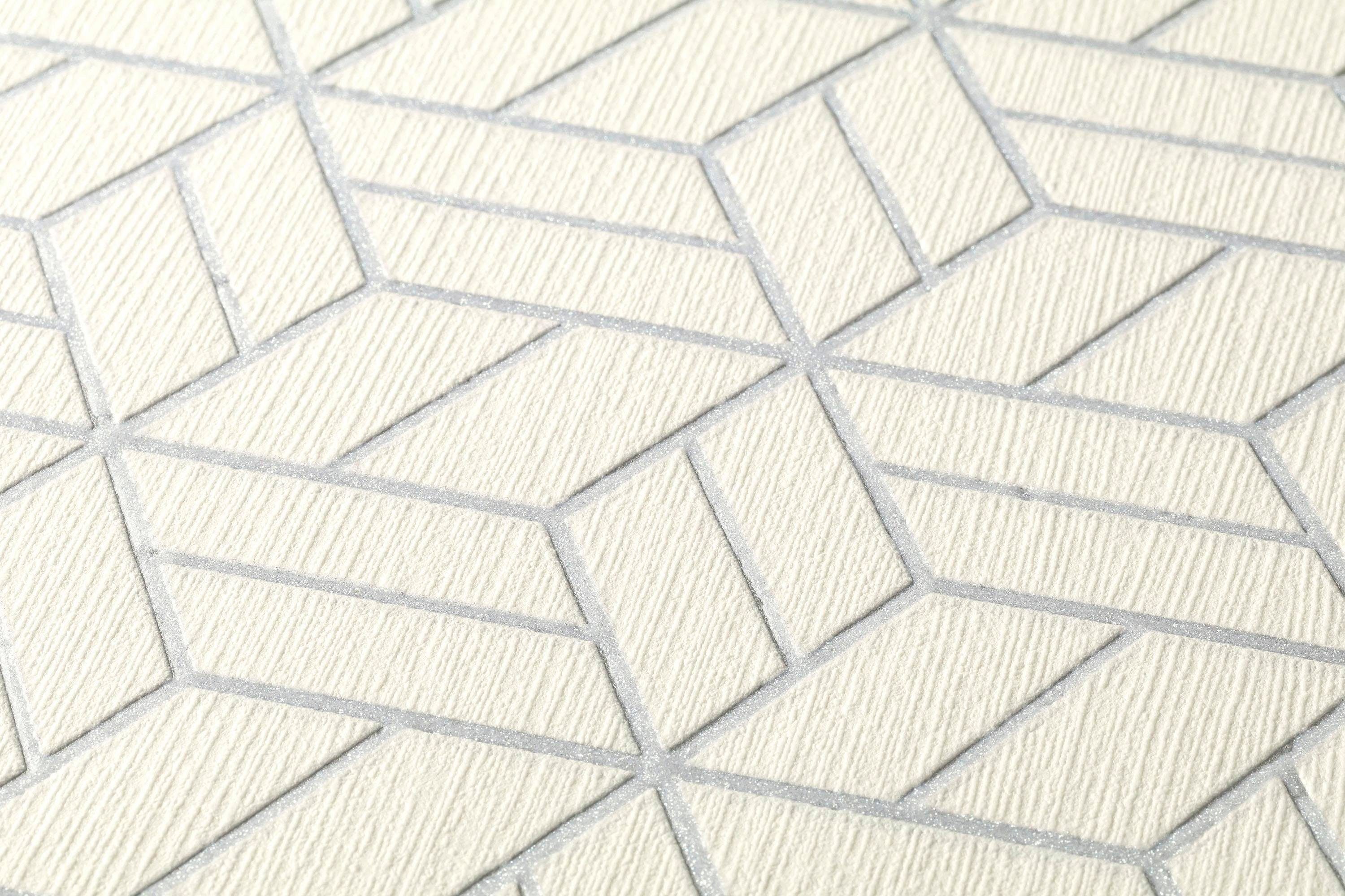 Geometrisch walls Tapete geometrisch, Stories altweiß/silber Metallic 3D-Optik, Lizzy grafisch, Vliestapete living Grafik London, Metropolitan