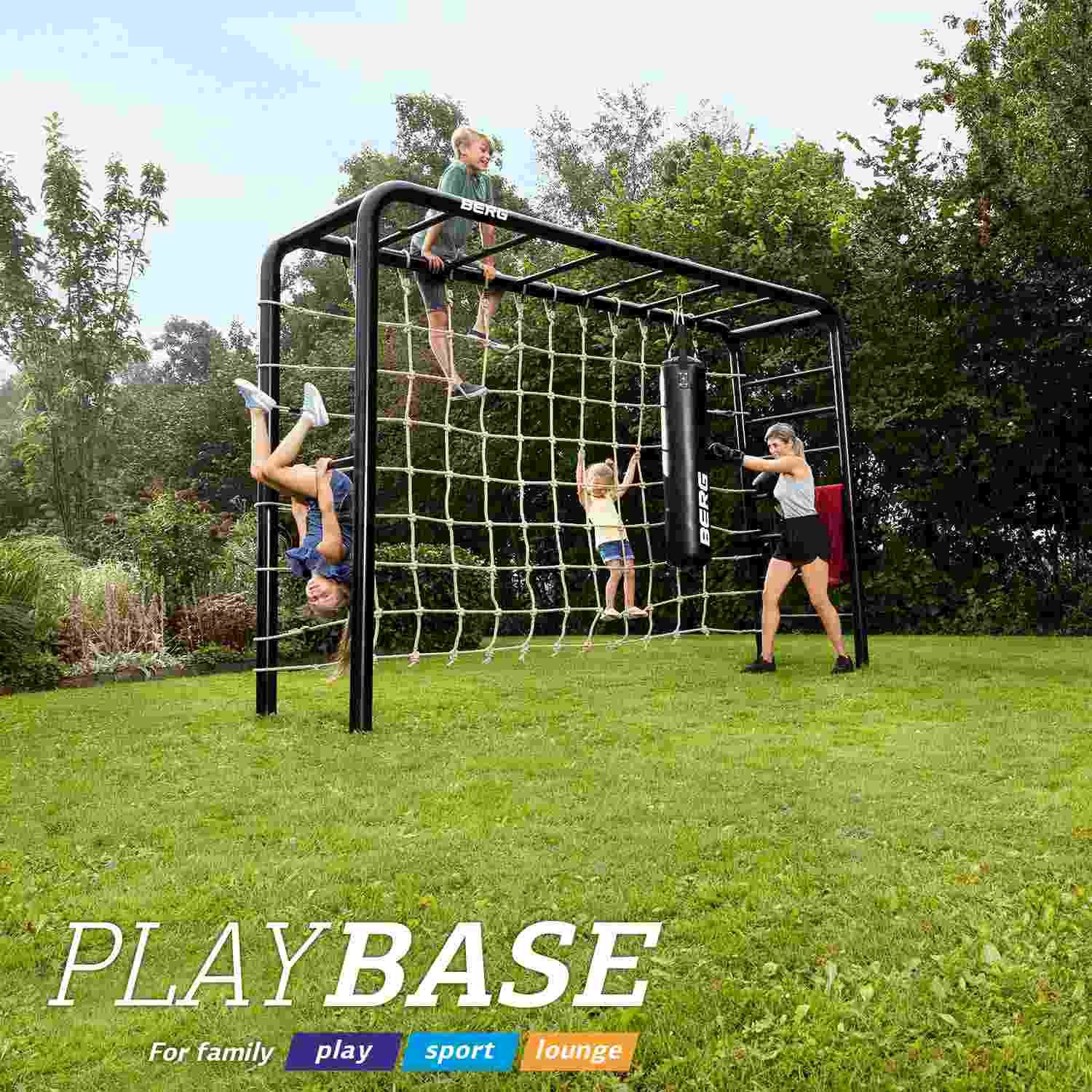 Berg Klettergerüst PlayBase M Sport Schaukelgestell mit Reckstange & Leiter, + Kletternetz M und Boxsack