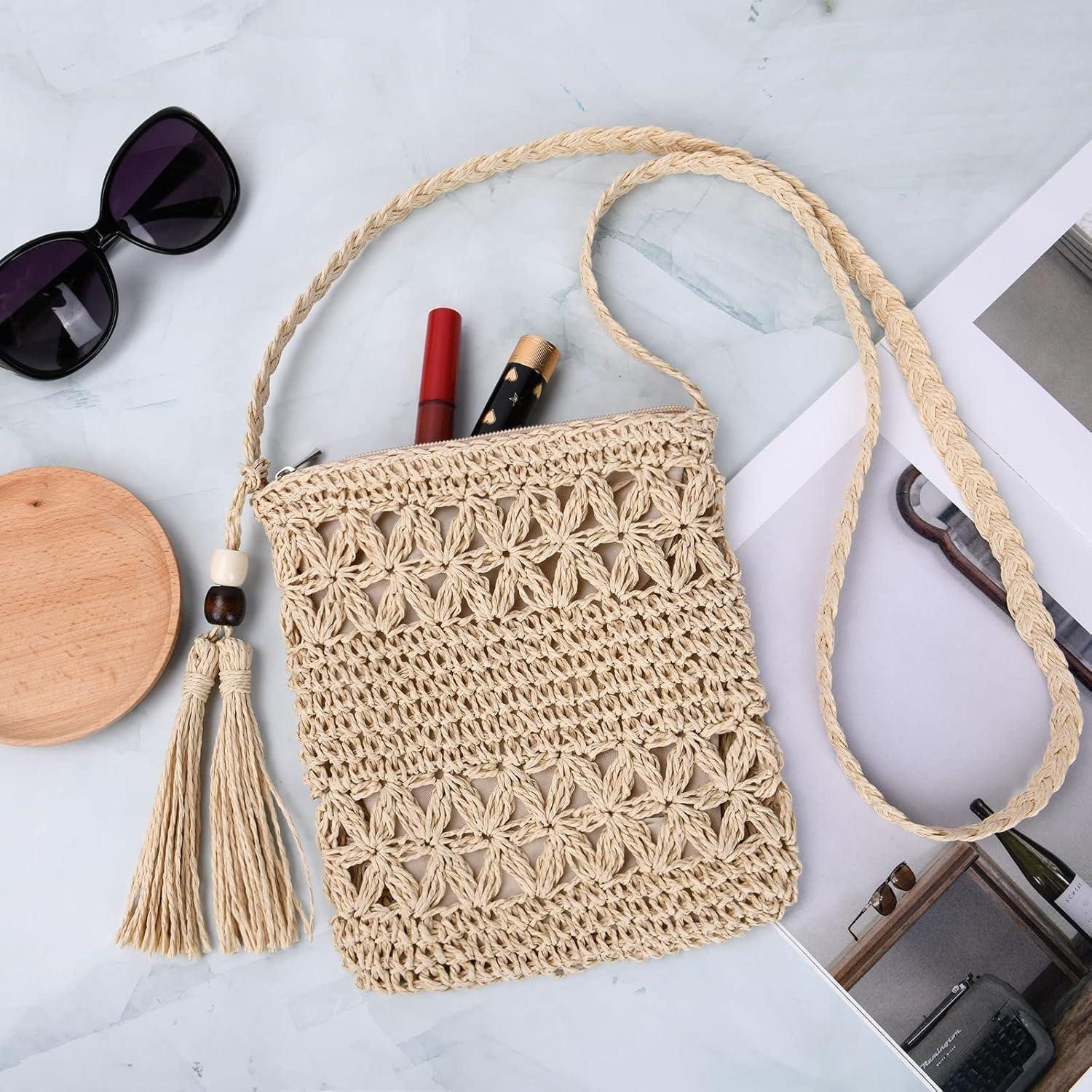 LuxusKollektion Strandtasche Strohtasche Damen Stroh Umhängetasche Vintage Strandtasche Quaste